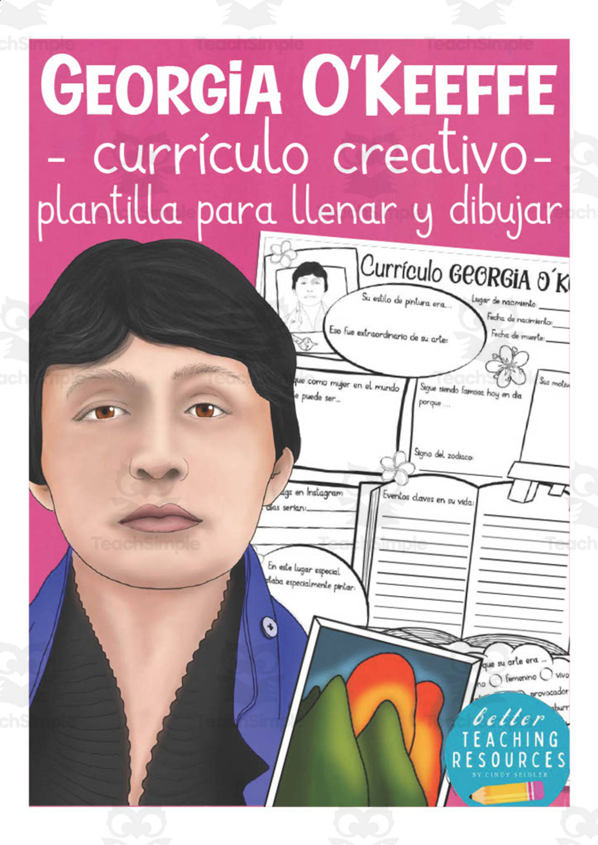 An educational teaching resource from Better Teaching Resources entitled Spanish: Famous People Creative Resumes | Georgia O'Keefe Write & Draw Templates downloadable at Teach Simple.
