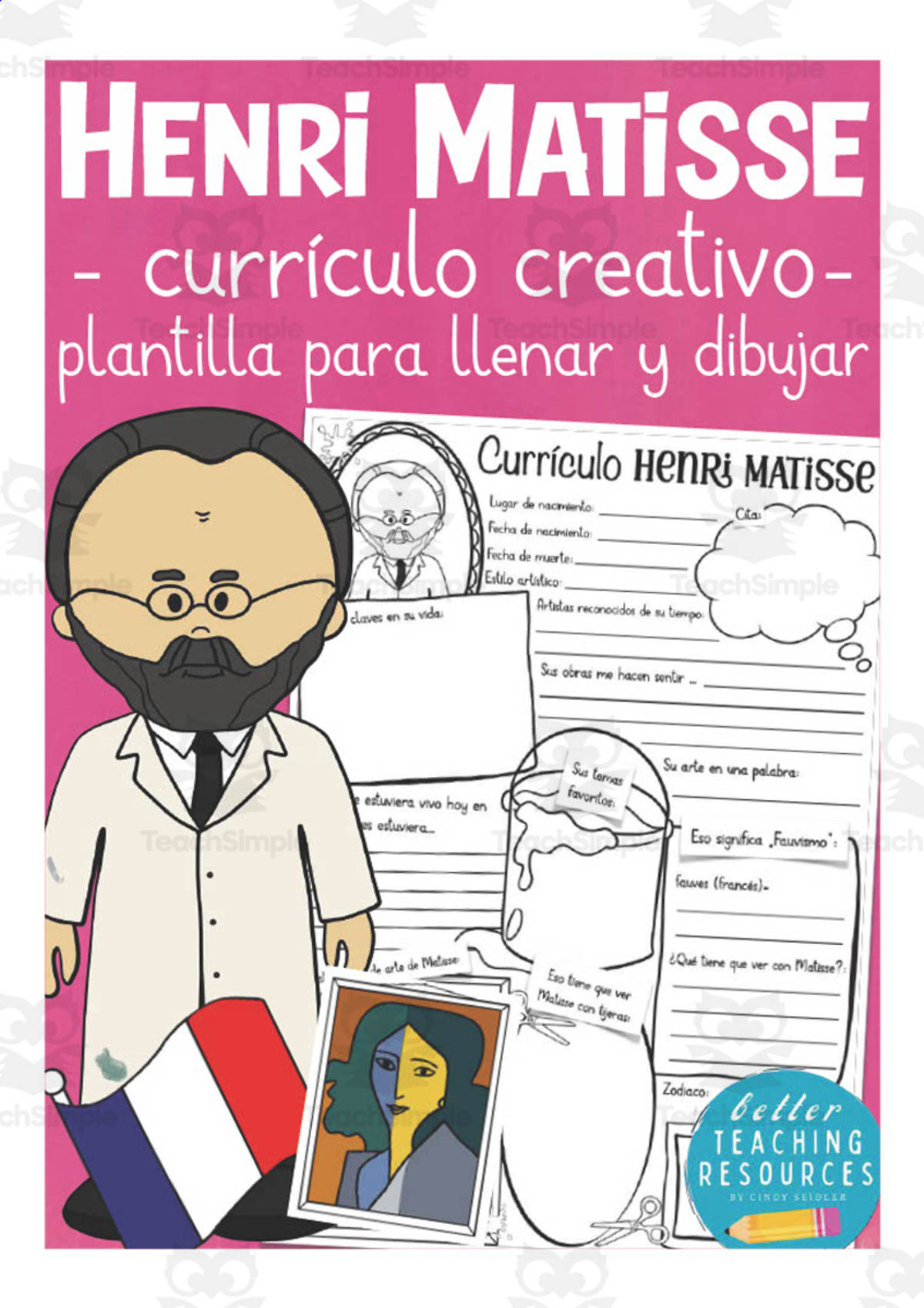 An educational teaching resource from Better Teaching Resources entitled Spanish: Famous People Creative Resumes | Henry Matisse Write & Draw Templates downloadable at Teach Simple.