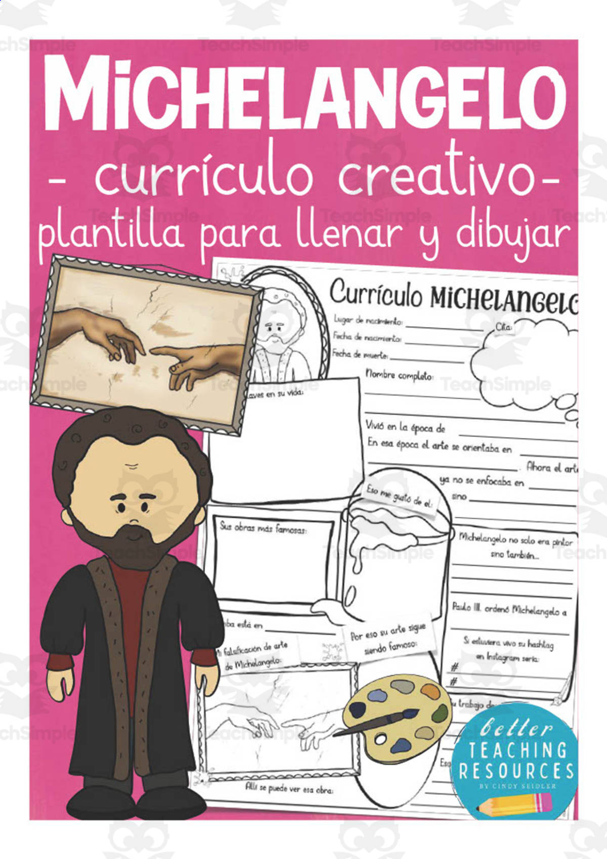 An educational teaching resource from Better Teaching Resources entitled Spanish: Famous People Creative Resumes | Michelangelo Write & Draw Templates downloadable at Teach Simple.