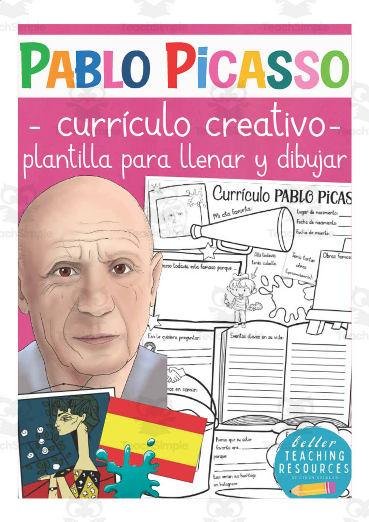 An educational teaching resource from Better Teaching Resources entitled Spanish: Famous People Creative Resumes | Pablo Picasso Write & Draw Templates downloadable at Teach Simple.