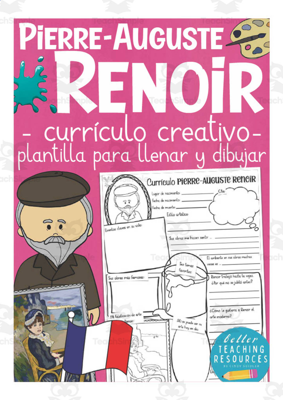 An educational teaching resource from Better Teaching Resources entitled Spanish: Famous People Creative Resumes | Pierre-Auguste Renoir Write & Draw Templates downloadable at Teach Simple.