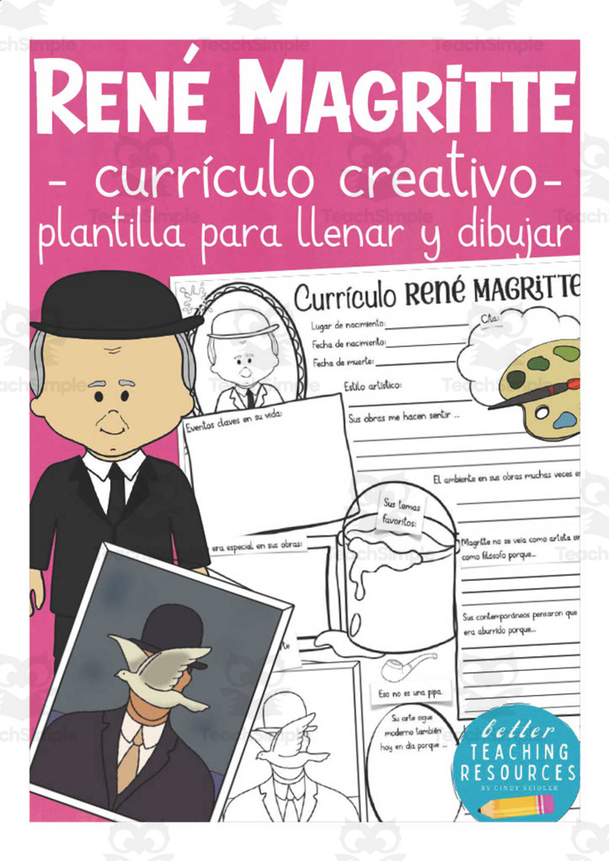 An educational teaching resource from Better Teaching Resources entitled Spanish: Famous People Creative Resumes | Rene Magritte Write & Draw Templates downloadable at Teach Simple.