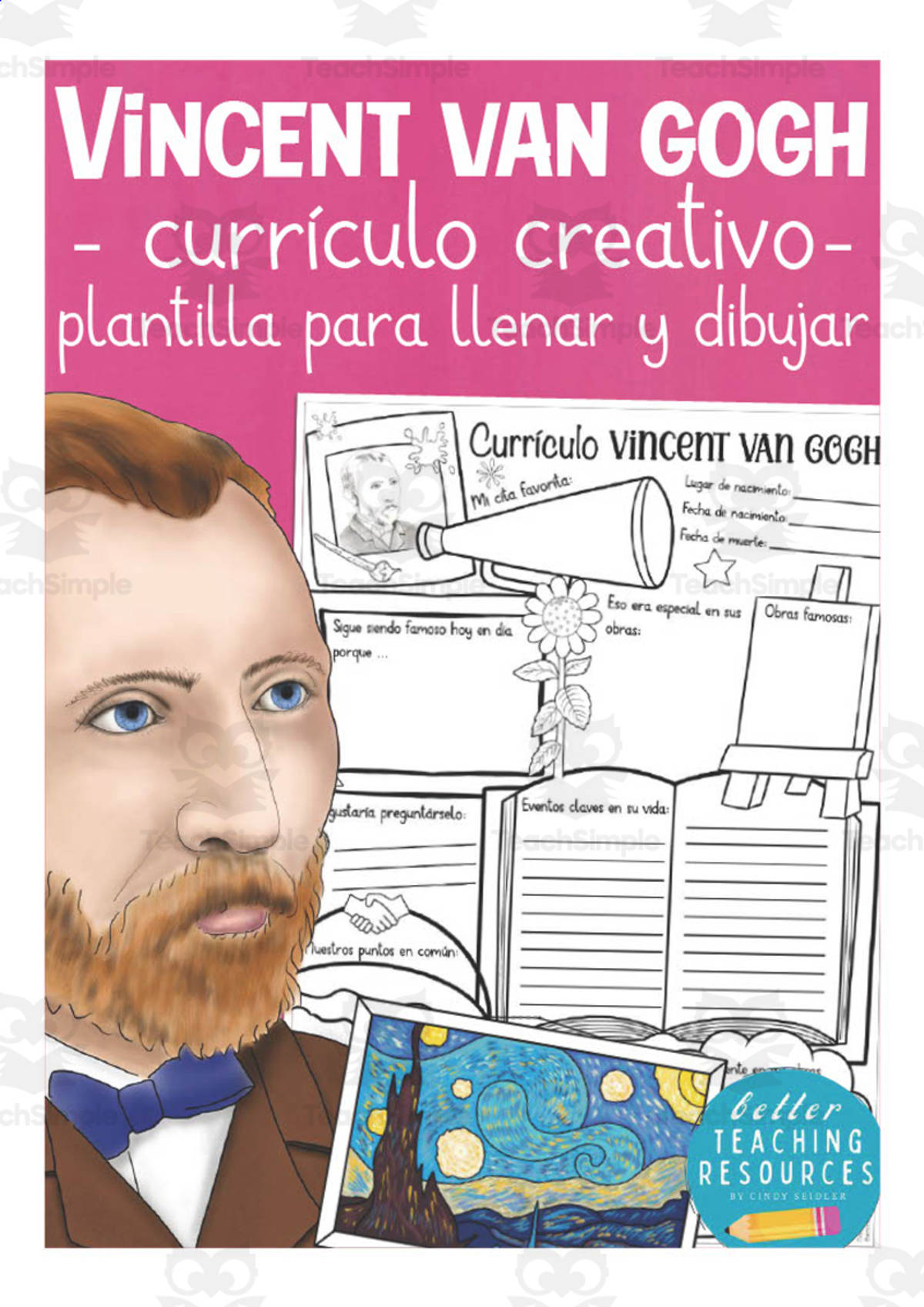 An educational teaching resource from Better Teaching Resources entitled Spanish: Famous People Creative Resumes | Vincent van Gogh Write & Draw Templates downloadable at Teach Simple.