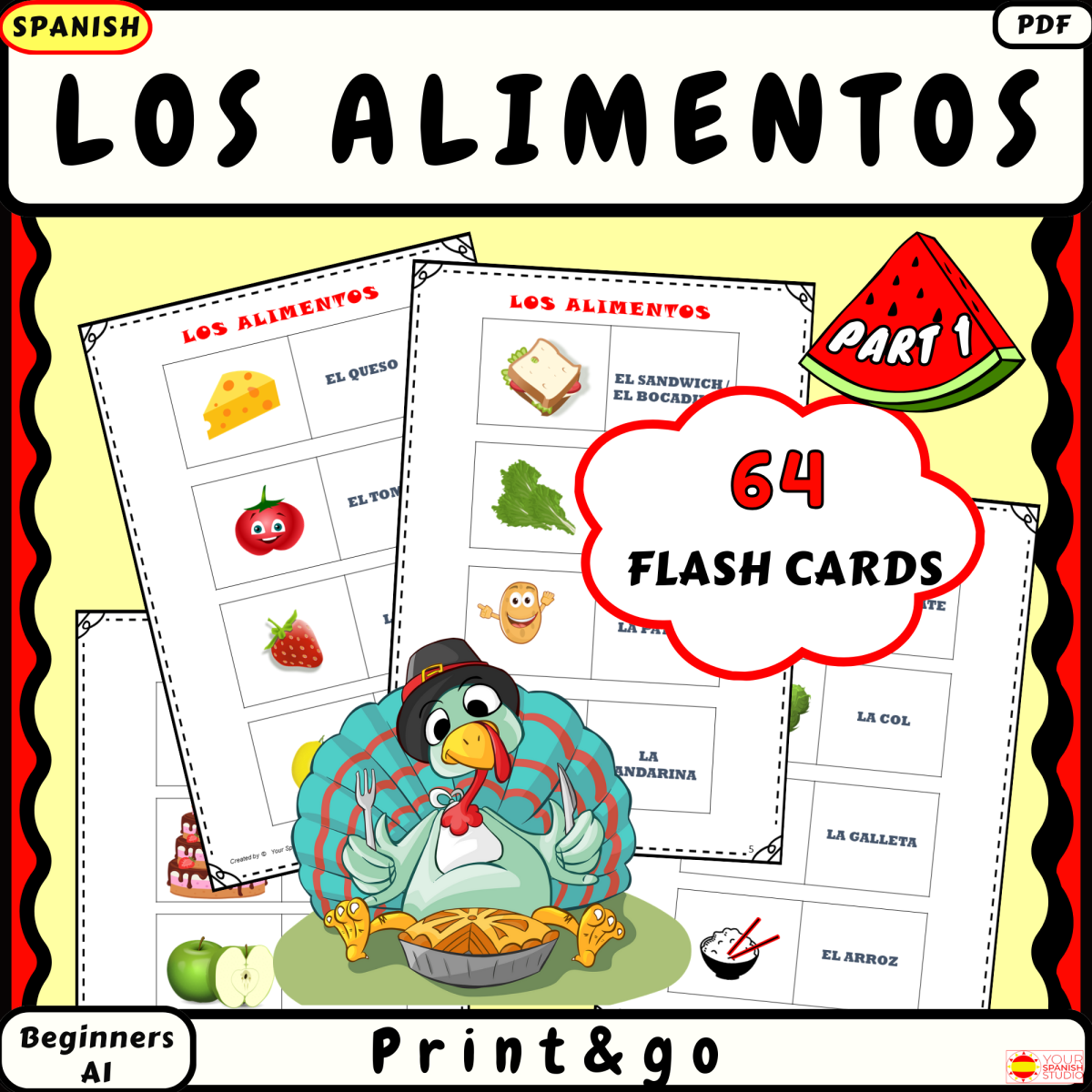 An educational teaching resource from Your Spanish Studio entitled Spanish Food vocabulary 64 Flash Cards Los alimentos Part 1 downloadable at Teach Simple.