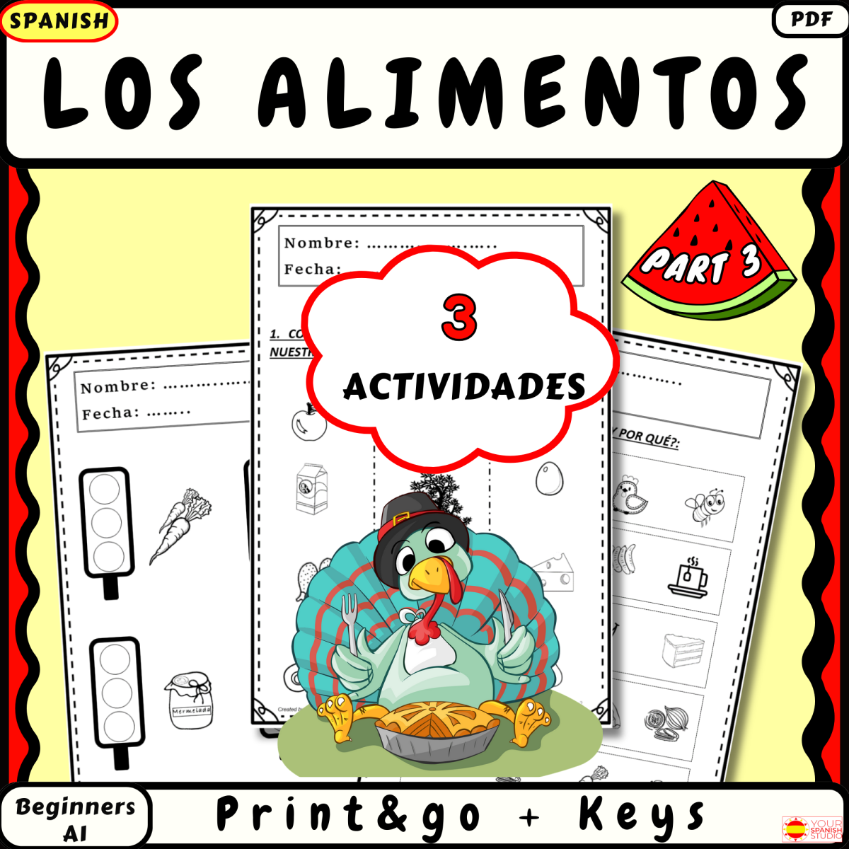 An educational teaching resource from Your Spanish Studio entitled Spanish Food vocabulary activities for kids Los alimentos Part 3 downloadable at Teach Simple.