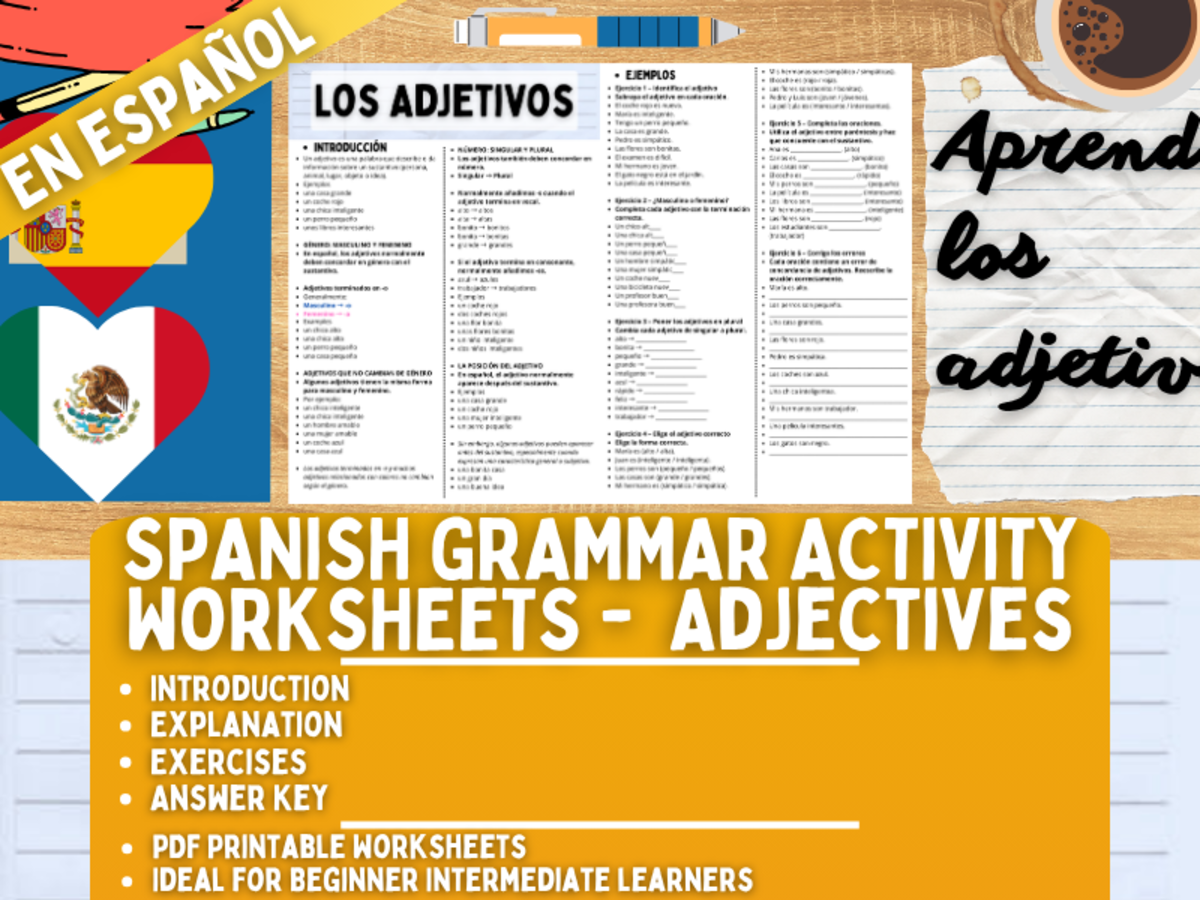 An educational teaching resource from Learning with Alan entitled Spanish Grammar Activity Worksheets - Adjectives - Spanish Only downloadable at Teach Simple.