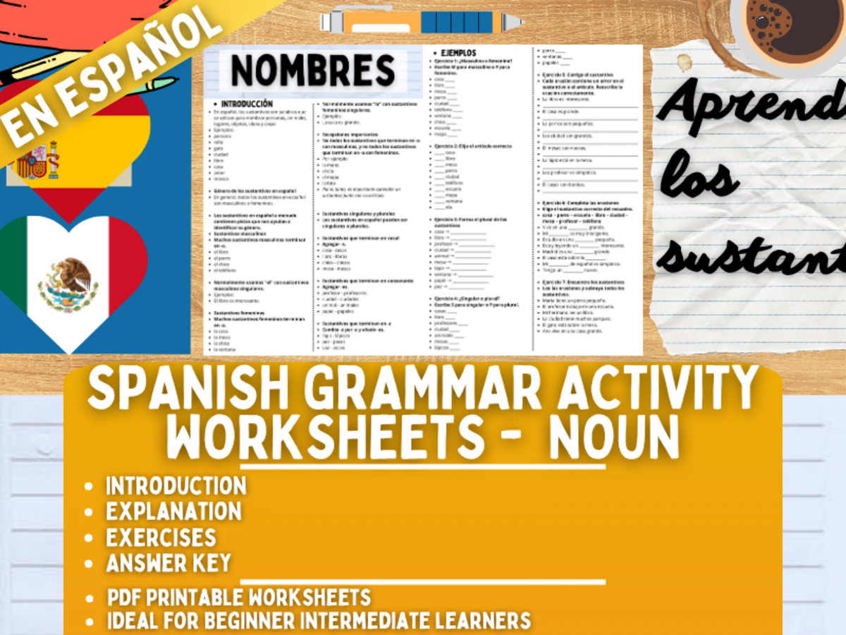An educational teaching resource from Learning with Alan entitled Spanish Grammar Activity Worksheets - Nouns - Spanish Only downloadable at Teach Simple.