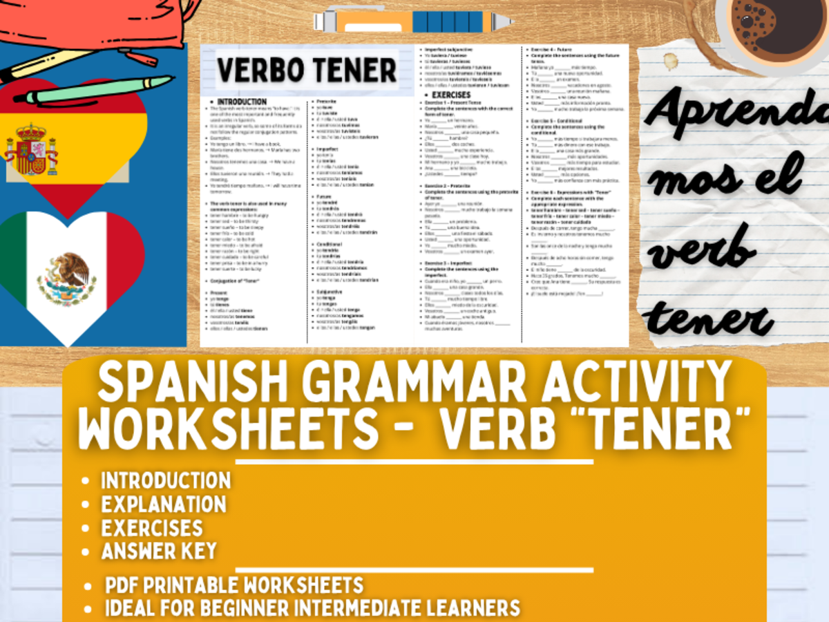 An educational teaching resource from Learning with Alan entitled Spanish Grammar Activity Worksheets - Verb "Tener" downloadable at Teach Simple.