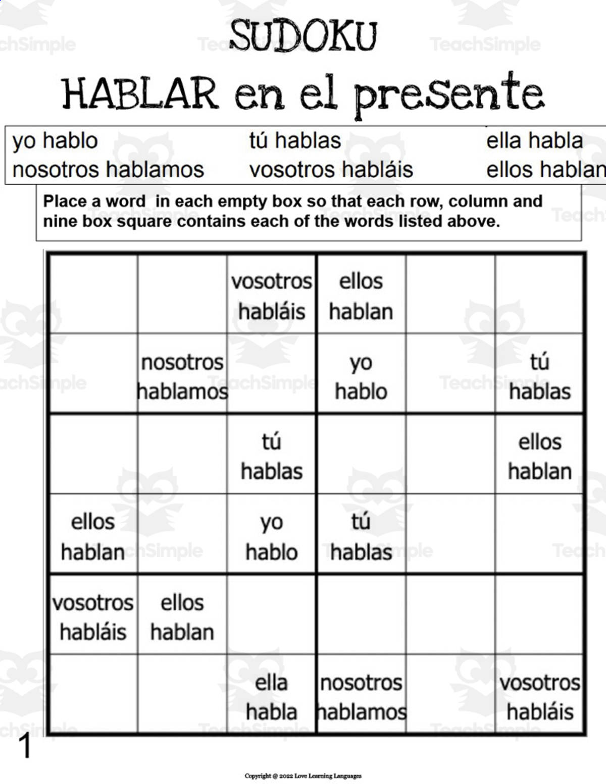 An educational teaching resource from Love Learning Languages entitled Spanish: HABLAR Present Tense Sudoku downloadable at Teach Simple.