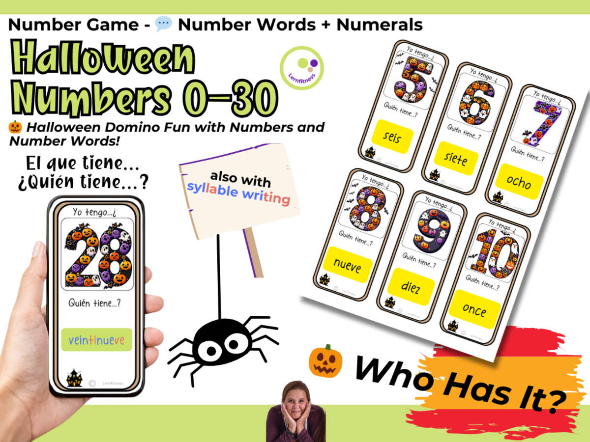 An educational teaching resource from Lernfitness entitled Spanish Halloween Number Game – “El que tiene…” Numbers 0–30 downloadable at Teach Simple.