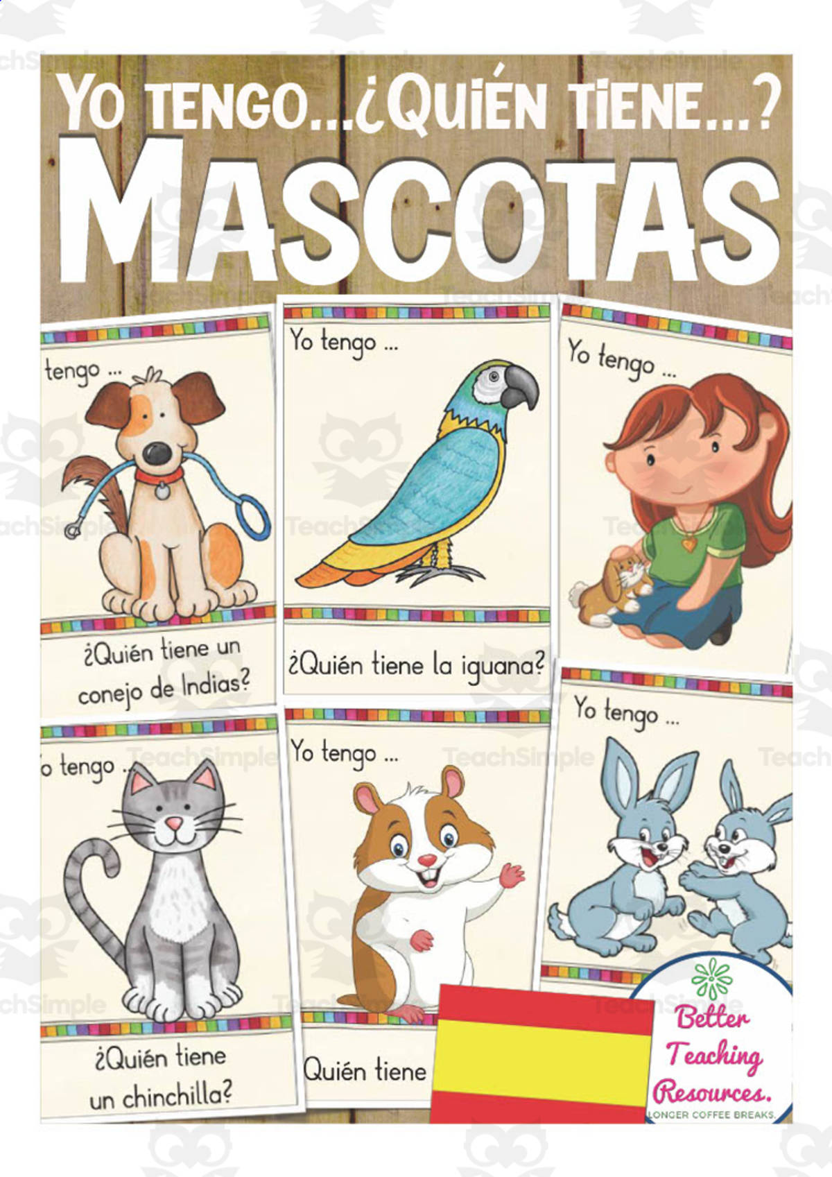 An educational teaching resource from Better Teaching Resources entitled Spanish: I Have Who Has? | Pets Card Game downloadable at Teach Simple.