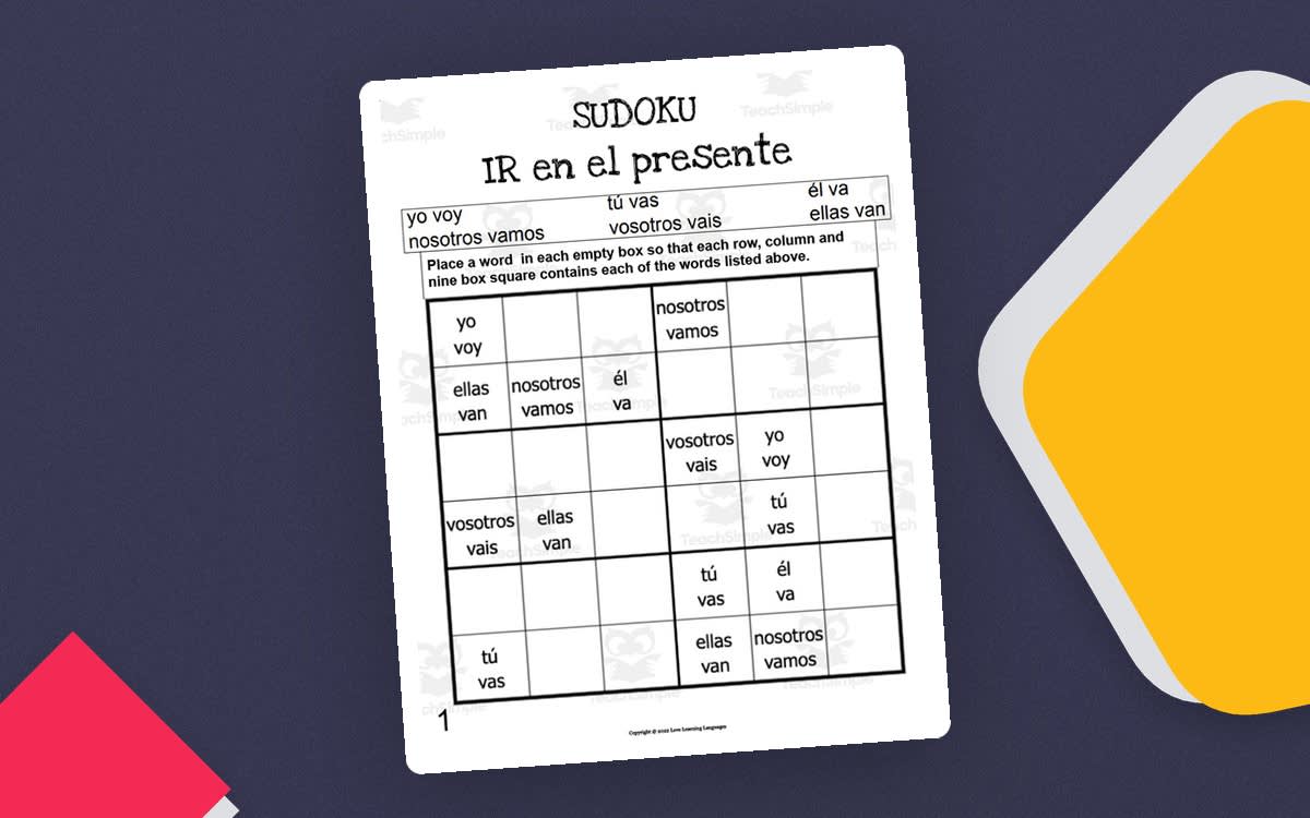 An educational teaching resource from Love Learning Languages entitled Spanish IR Present Tense – Sudoku Puzzle downloadable at Teach Simple.