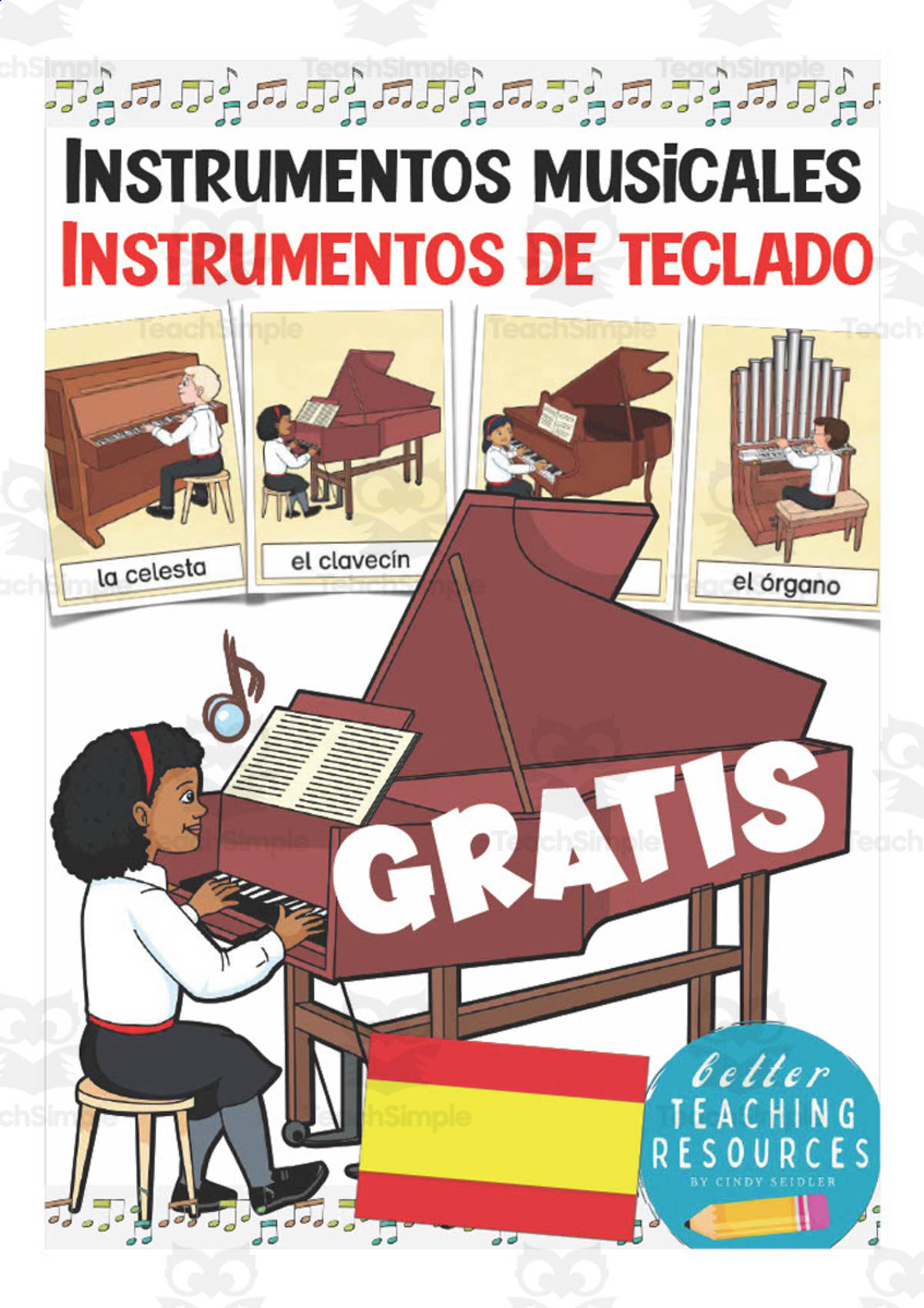 An educational teaching resource from Better Teaching Resources entitled Spanish: Keyboard Instruments Flash Cards - FREEBIE downloadable at Teach Simple.