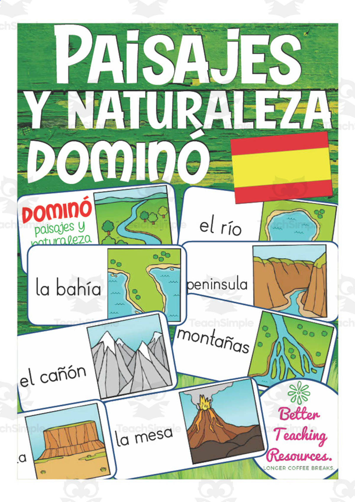 An educational teaching resource from Better Teaching Resources entitled Spanish: Landscapes and Nature Domino Game | Vocabulary Practice Activity downloadable at Teach Simple.
