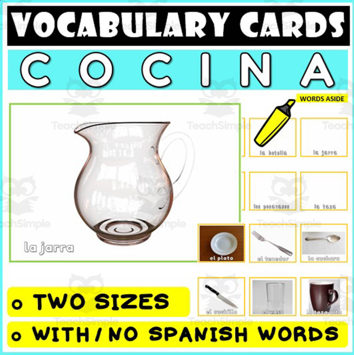 An educational teaching resource from WORDS ASIDE entitled Spanish Language Vocabulary Flashcards 24 downloadable at Teach Simple.