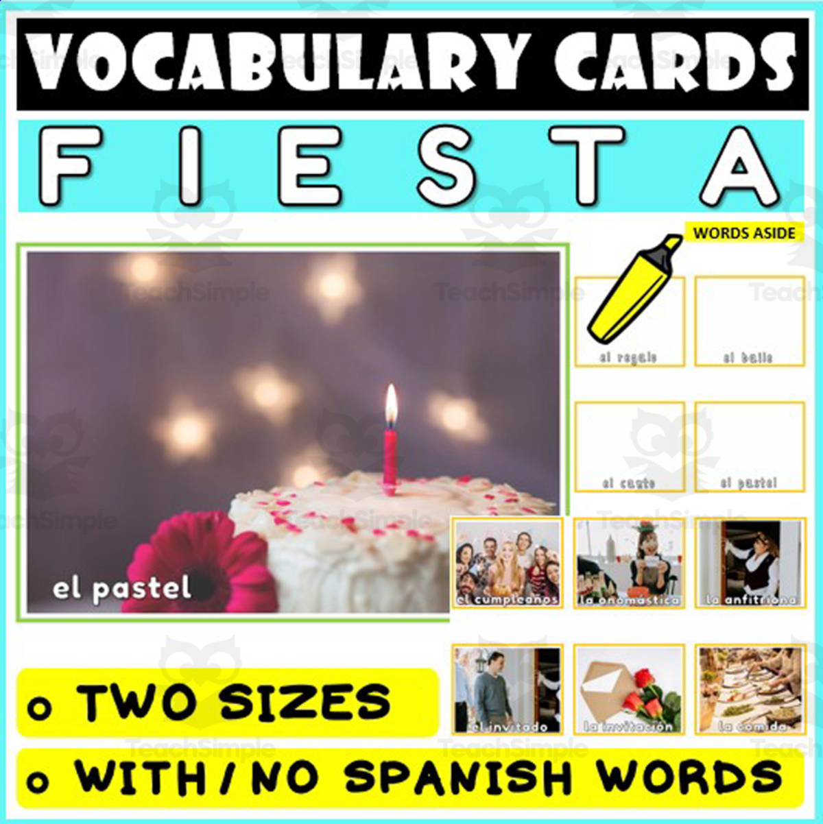 An educational teaching resource from WORDS ASIDE entitled Spanish Language Vocabulary Flashcards 29 downloadable at Teach Simple.