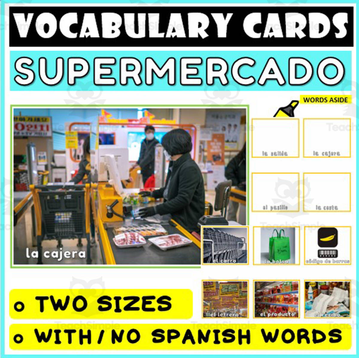 An educational teaching resource from WORDS ASIDE entitled Spanish Language Vocabulary Flashcards 37 downloadable at Teach Simple.