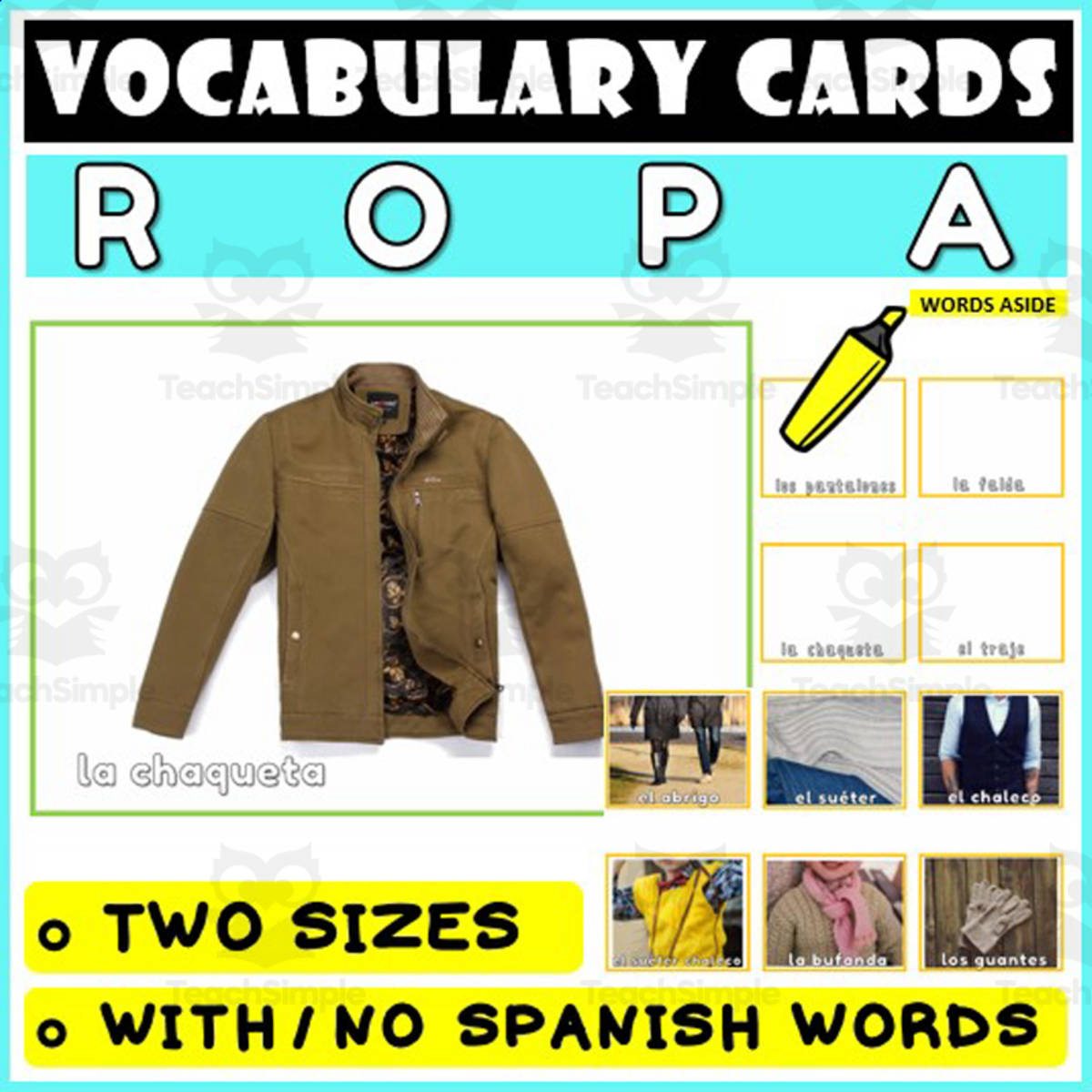 An educational teaching resource from WORDS ASIDE entitled Spanish Language Vocabulary Flashcards 9 downloadable at Teach Simple.