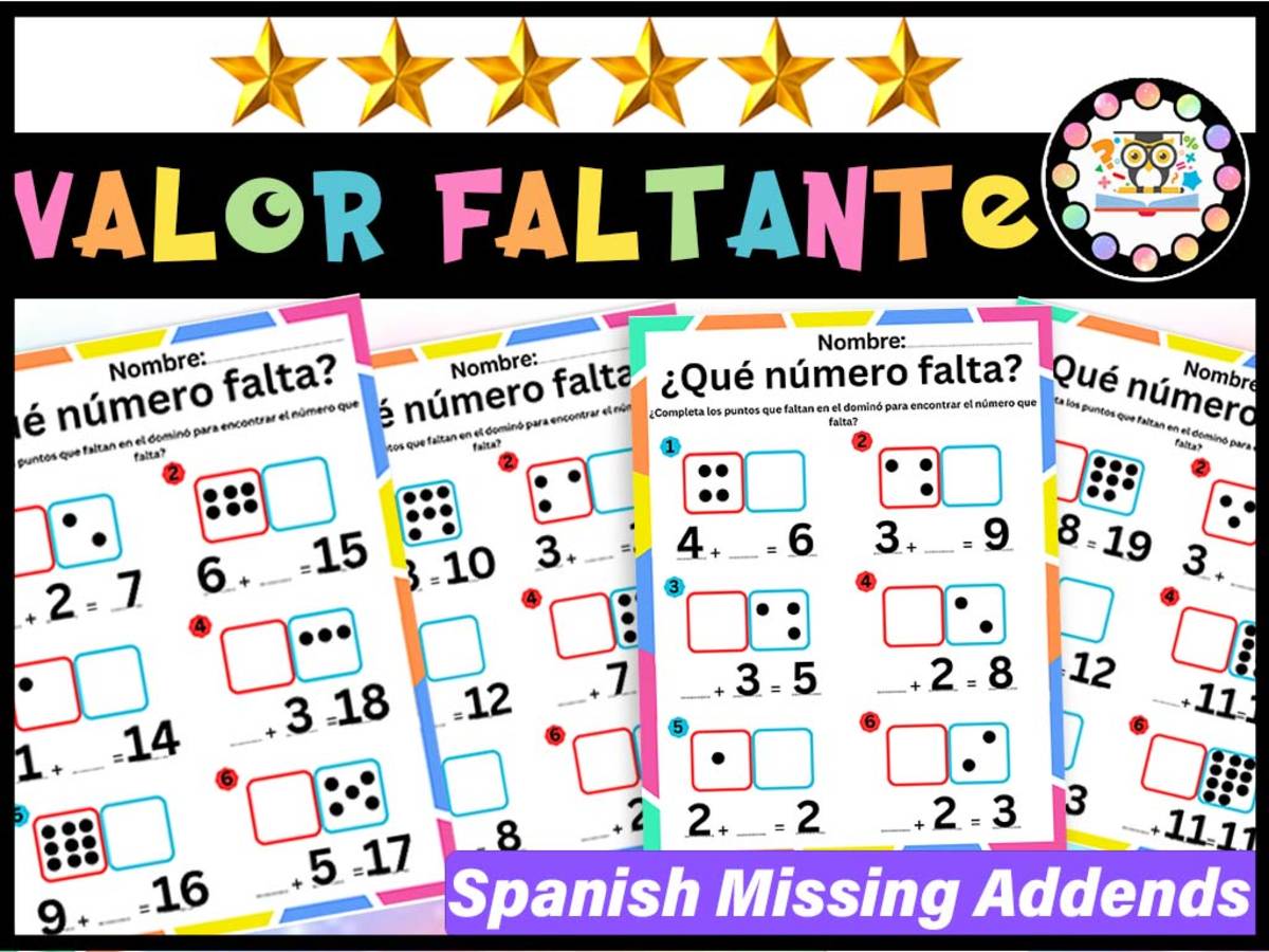 An educational teaching resource from LAMO entitled Spanish Missing Addend Worksheets Domino | Numeros Que Faltan downloadable at Teach Simple.