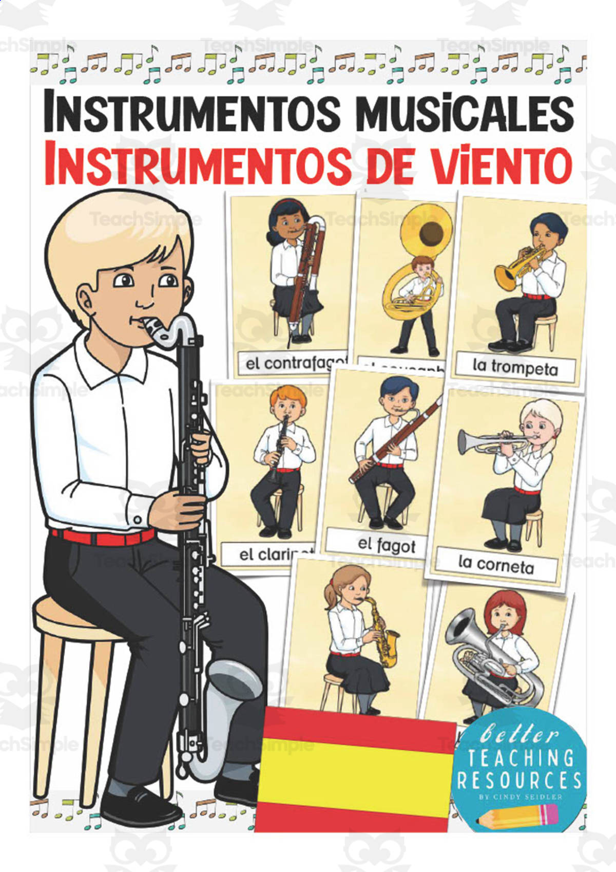 An educational teaching resource from Better Teaching Resources entitled Spanish: Musical Instruments Flash Cards downloadable at Teach Simple.