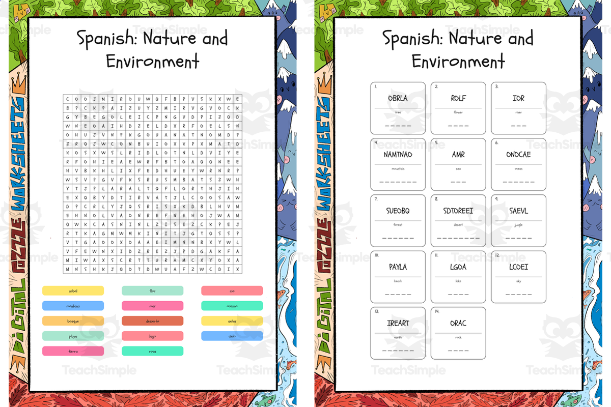 An educational teaching resource from Lapiiin Art Activities entitled Spanish Nature and Environment word search, scramble and crossword puz downloadable at Teach Simple.