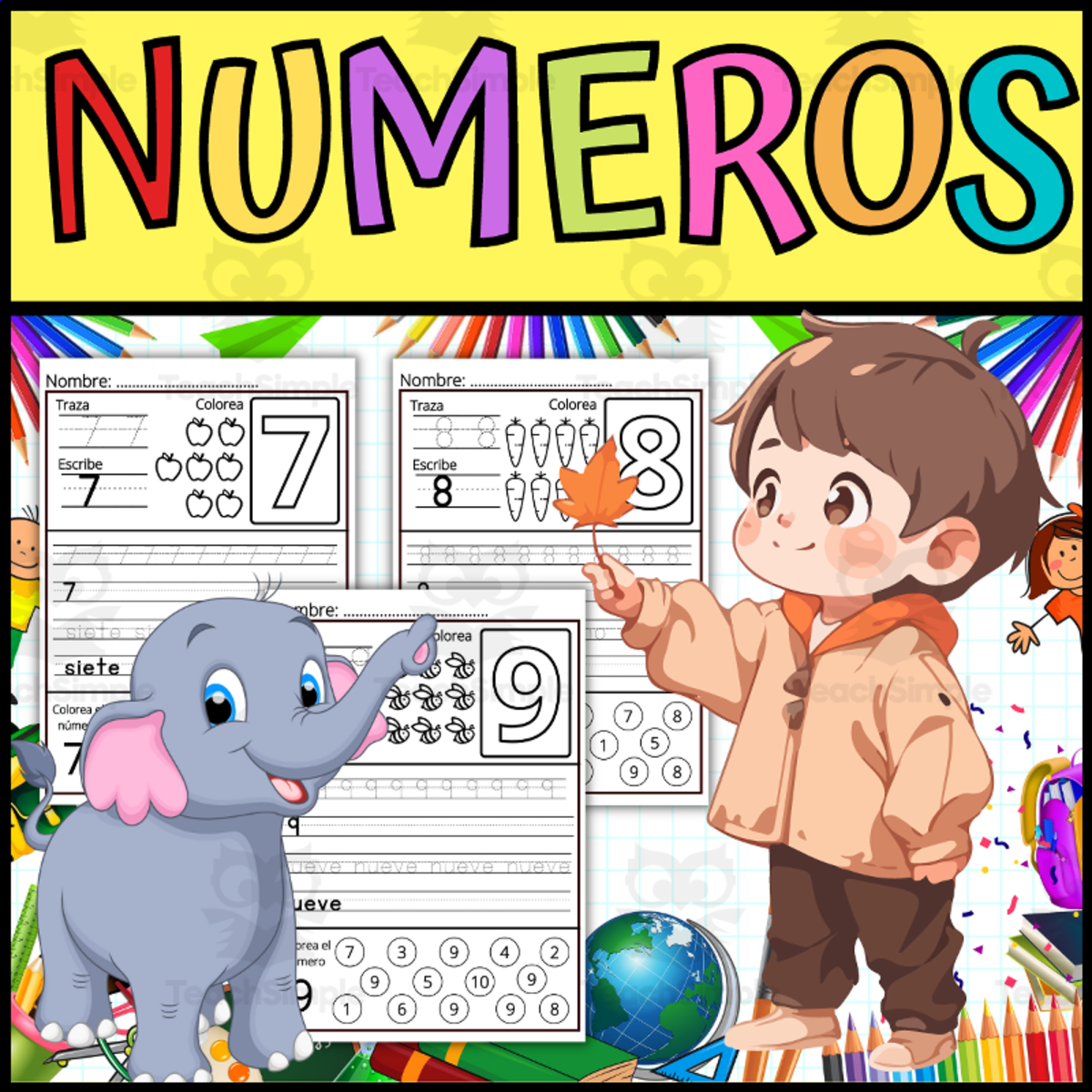 An educational teaching resource from 1 Teaches 2 Learn entitled Spanish Numbers 1-20 Practice Pages (Trace, Write, Color & Find) downloadable at Teach Simple.