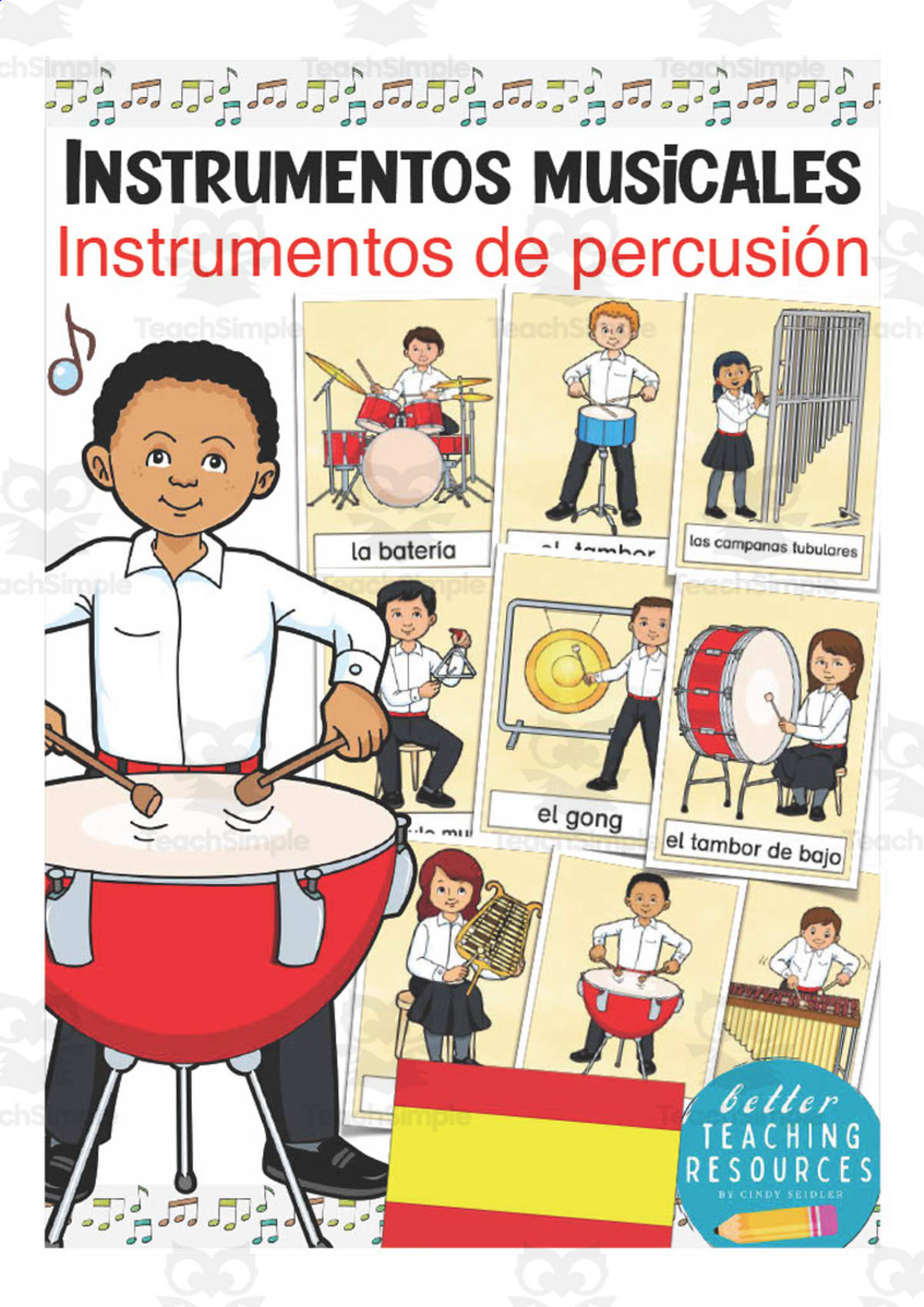 An educational teaching resource from Better Teaching Resources entitled Spanish: Percussion Instruments Flash Cards downloadable at Teach Simple.