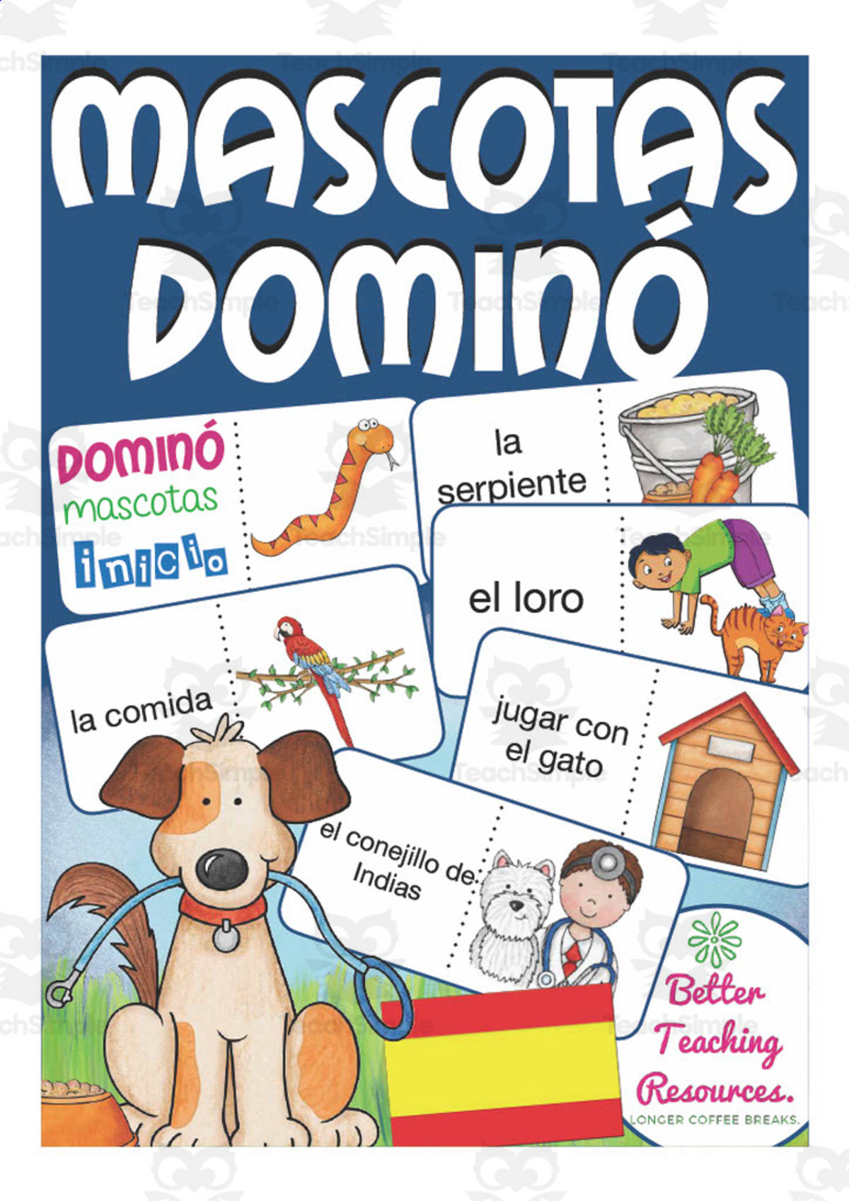 An educational teaching resource from Better Teaching Resources entitled Spanish: Pets Domino Game | Vocabulary Practice Activity downloadable at Teach Simple.