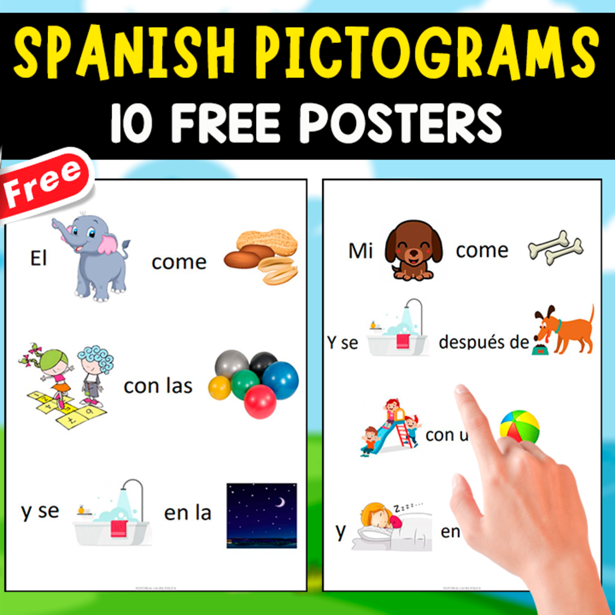 An educational teaching resource from EDITORIAL LAURA EDUCA entitled SPANISH PICTOGRAMS | 10 FREE POSTERS downloadable at Teach Simple.