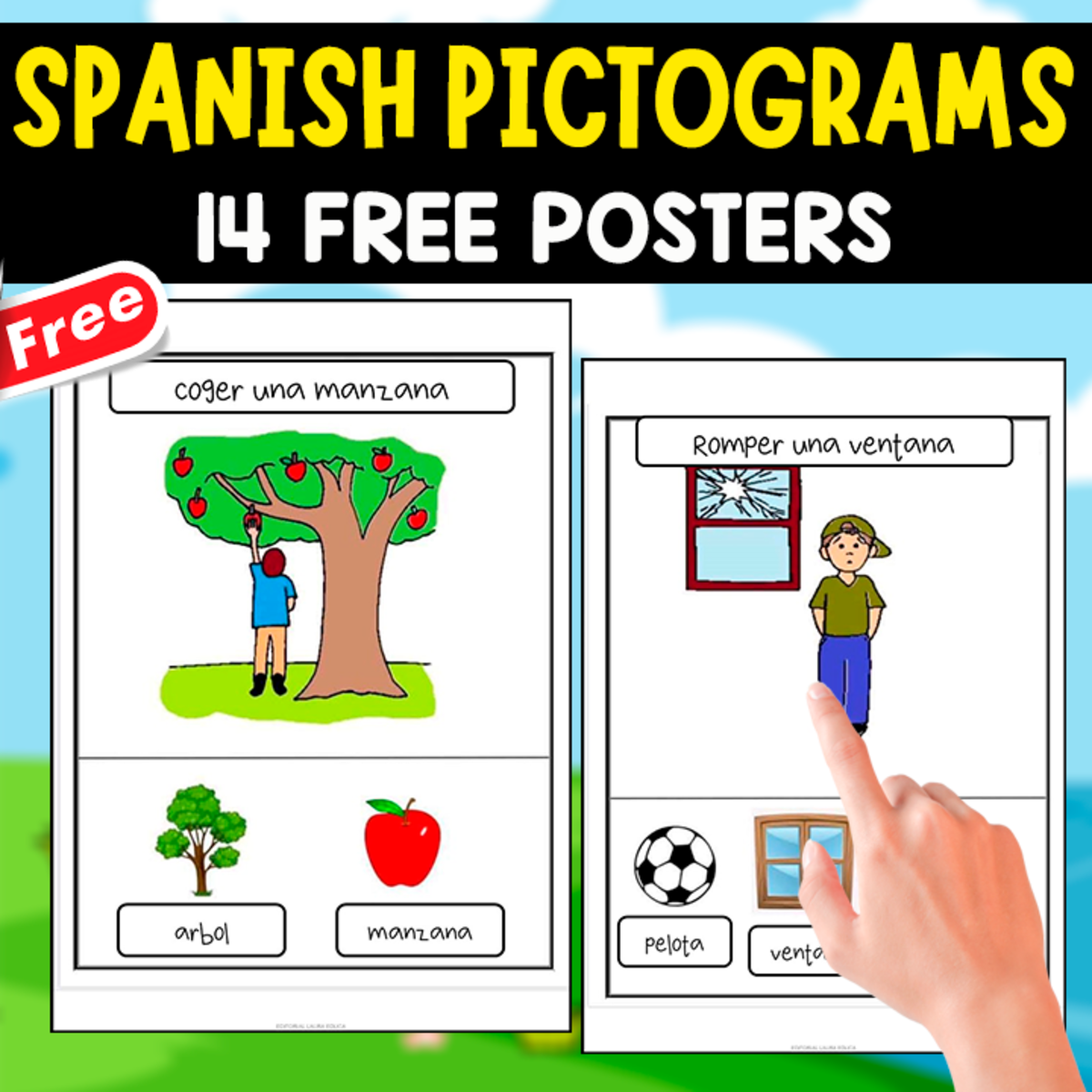 An educational teaching resource from EDITORIAL LAURA EDUCA entitled SPANISH PICTOGRAMS | 14 FREE POSTERS downloadable at Teach Simple.