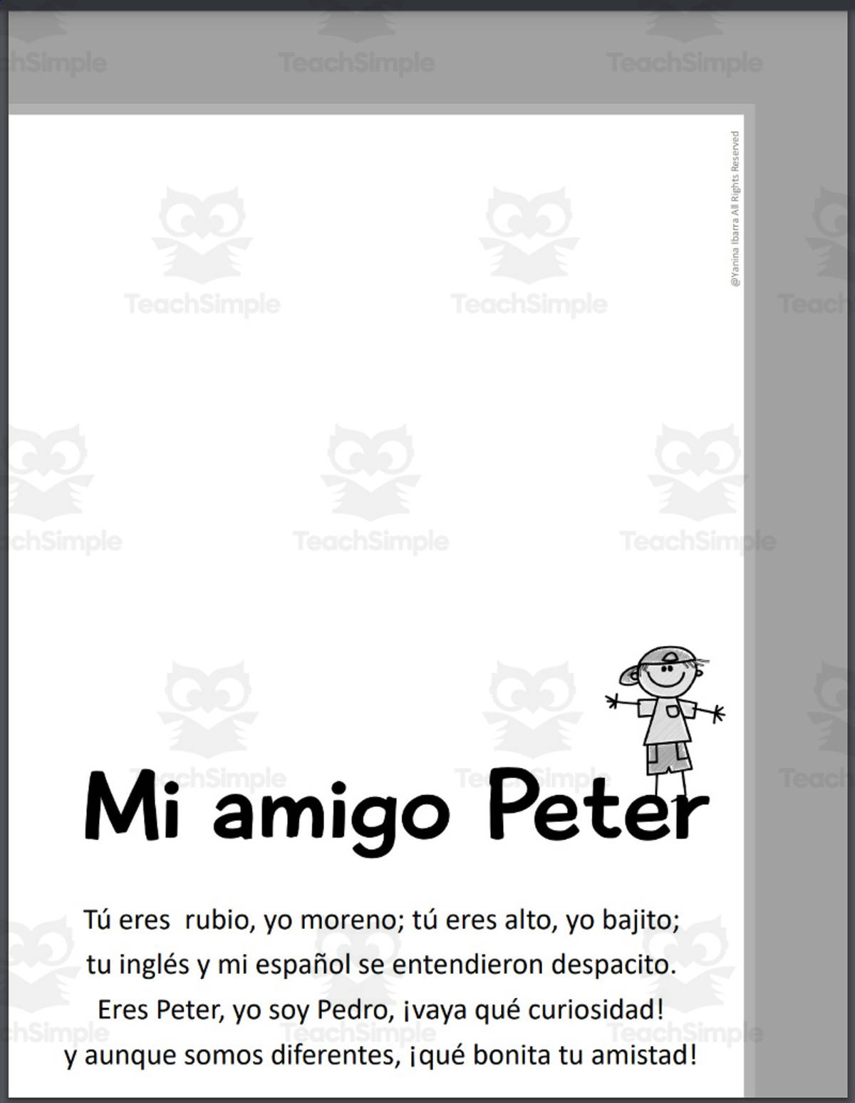 An educational teaching resource from Bridging - Spanish Reading and Writing entitled Spanish Poetry: Mi amigo Peter- Poesía en español - Versión Mosaico BW downloadable at Teach Simple.