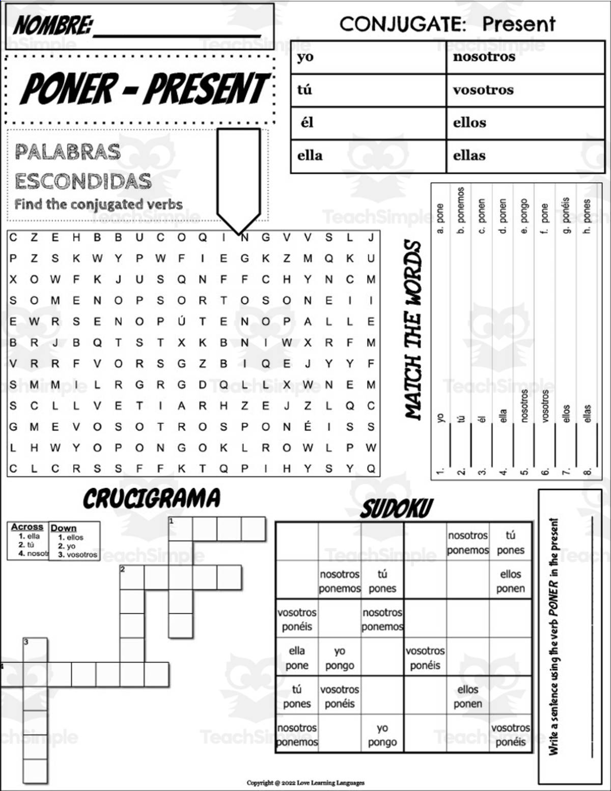 An educational teaching resource from Love Learning Languages entitled Spanish: Poner Conjugation Worksheet downloadable at Teach Simple.