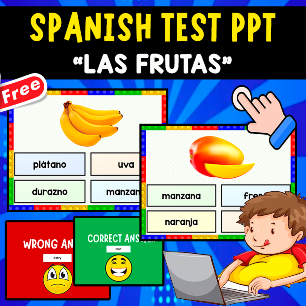 An educational teaching resource from EDITORIAL LAURA EDUCA entitled SPANISH PPT GAME QUIZ | LAS FRUTAS EN ESPAÑOL downloadable at Teach Simple.