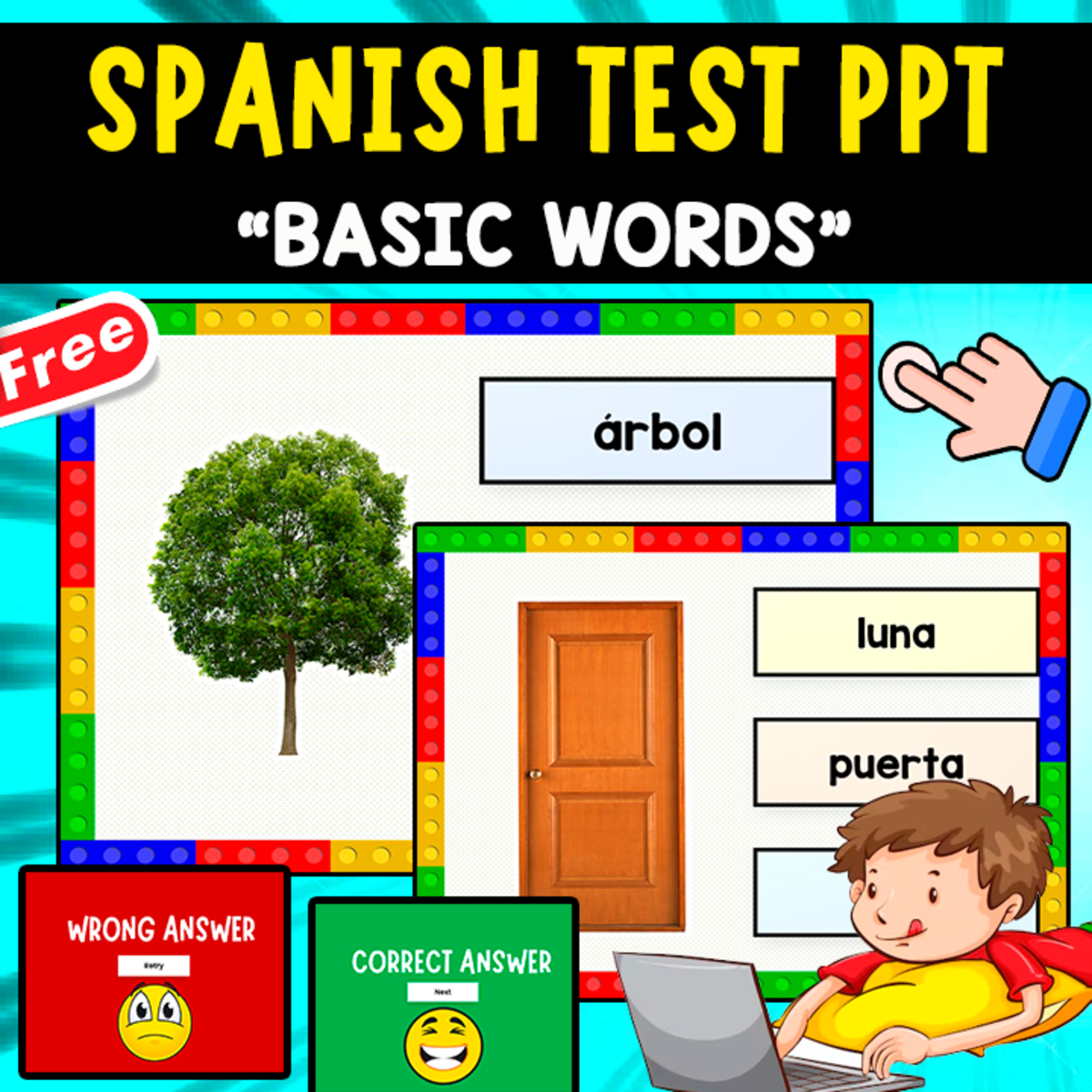 An educational teaching resource from EDITORIAL LAURA EDUCA entitled SPANISH PPT QUIZ | 10 BASIC WORDS | QUESTIONS downloadable at Teach Simple.