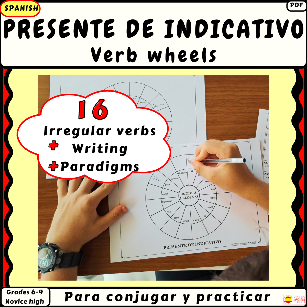 An educational teaching resource from Your Spanish Studio entitled Spanish Present Indicative Irregular Verbs Wheels Conjugation&Writing downloadable at Teach Simple.