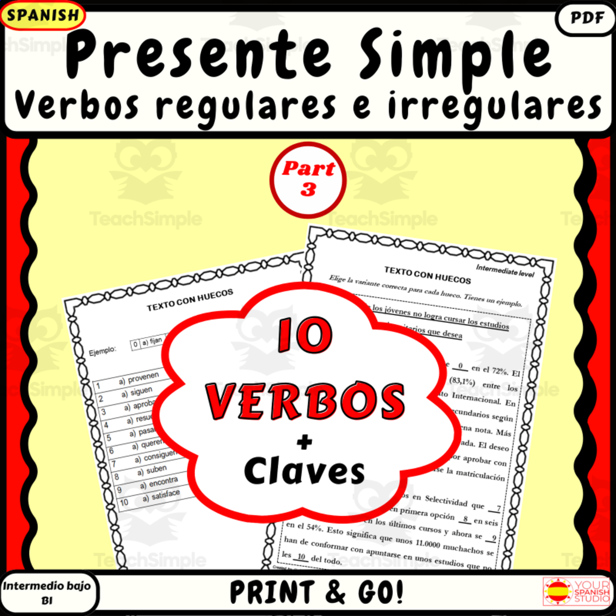 An educational teaching resource from Your Spanish Studio entitled Spanish Present Simple practice Part 3 Gapped text with  keys downloadable at Teach Simple.