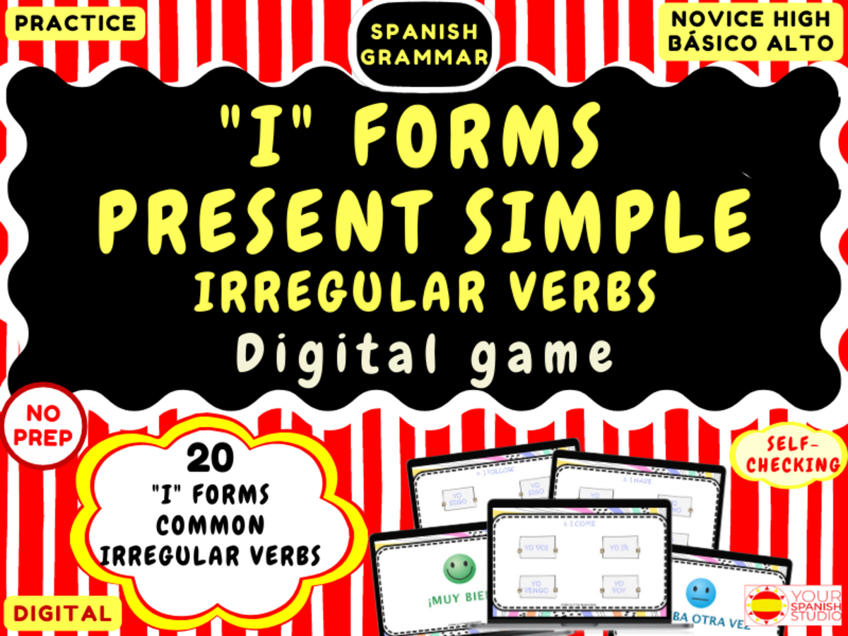 An educational teaching resource from Your Spanish Studio entitled Spanish Present tense I-forms Formas de "YO" verbos irregulares downloadable at Teach Simple.