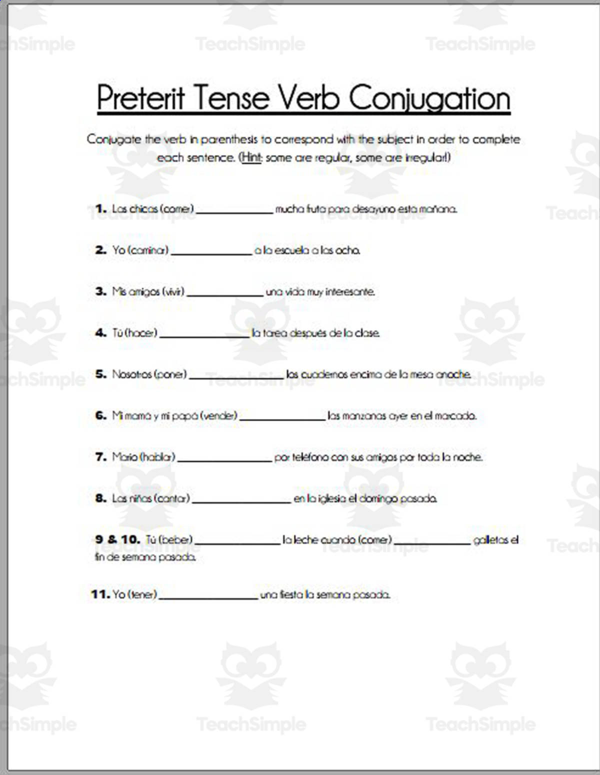 An educational teaching resource from The Language of Learning entitled Spanish: Preterit Tense Verb Worksheet downloadable at Teach Simple.