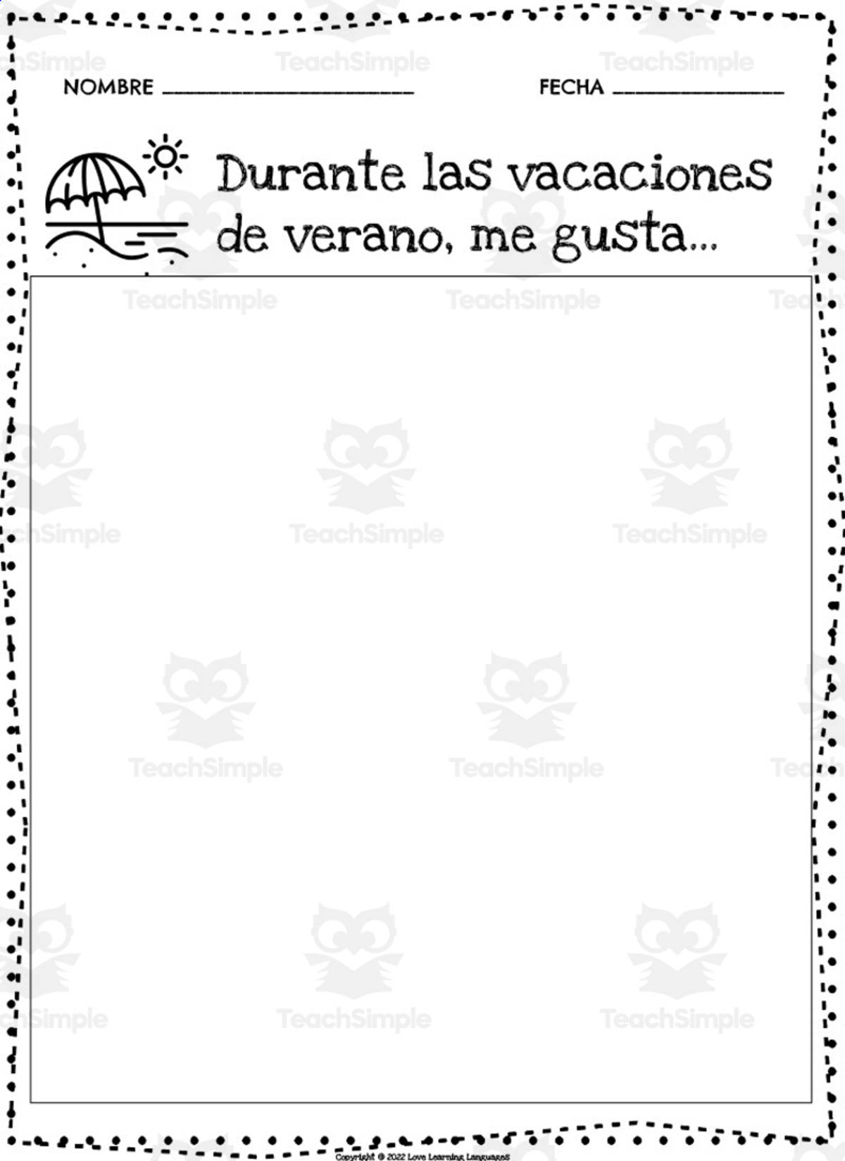 An educational teaching resource from Love Learning Languages entitled Spanish: Primary Writing Program | "During the summer holidays, I like..." downloadable at Teach Simple.