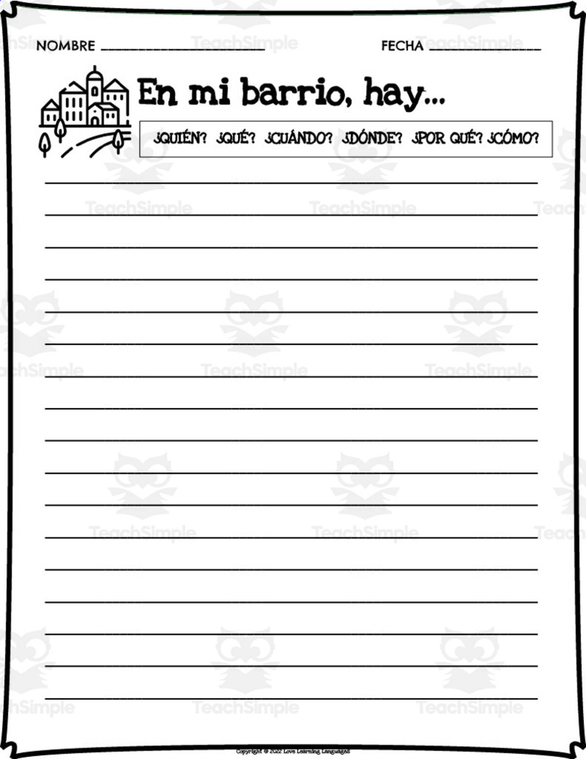 An educational teaching resource from Love Learning Languages entitled Spanish: Primary Writing Program | "In my neighborhood, there are..." downloadable at Teach Simple.