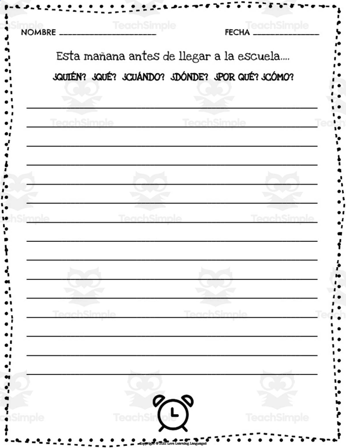 An educational teaching resource from Love Learning Languages entitled Spanish: Primary Writing Program | In The Morning - Escritura Primaria en español. downloadable at Teach Simple.
