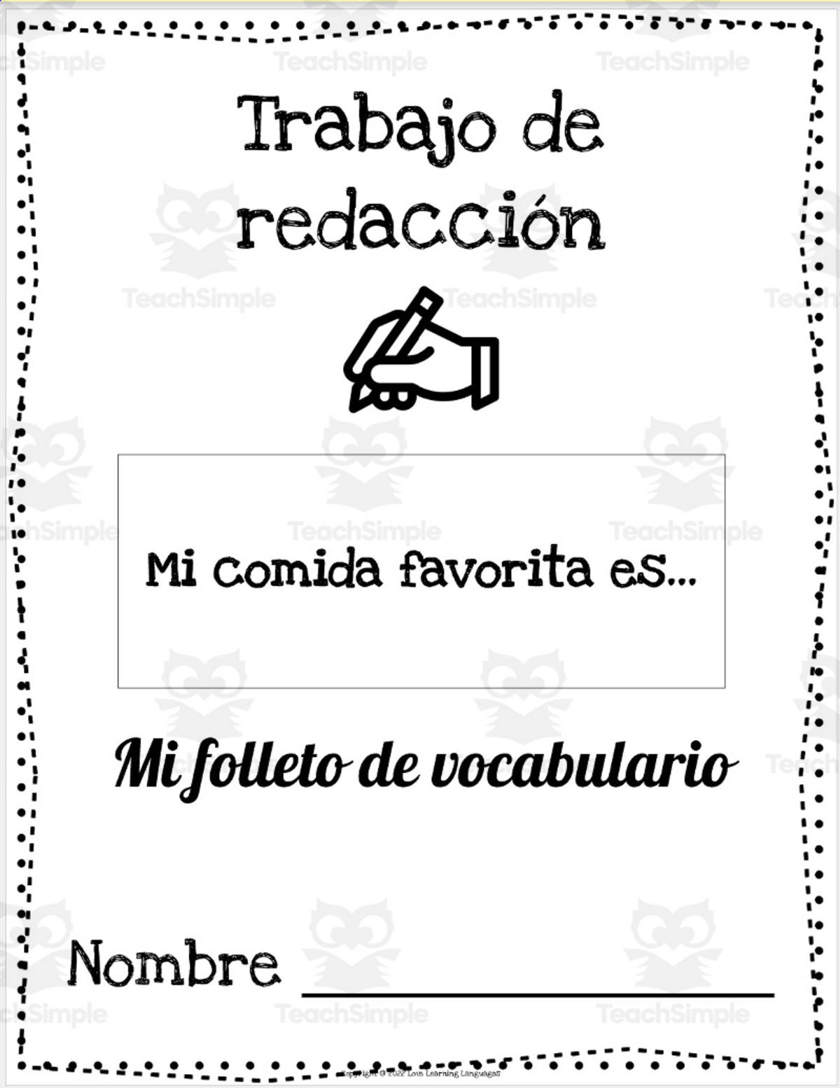 An educational teaching resource from Love Learning Languages entitled Spanish: Primary Writing Program | "My favorite food is..." downloadable at Teach Simple.