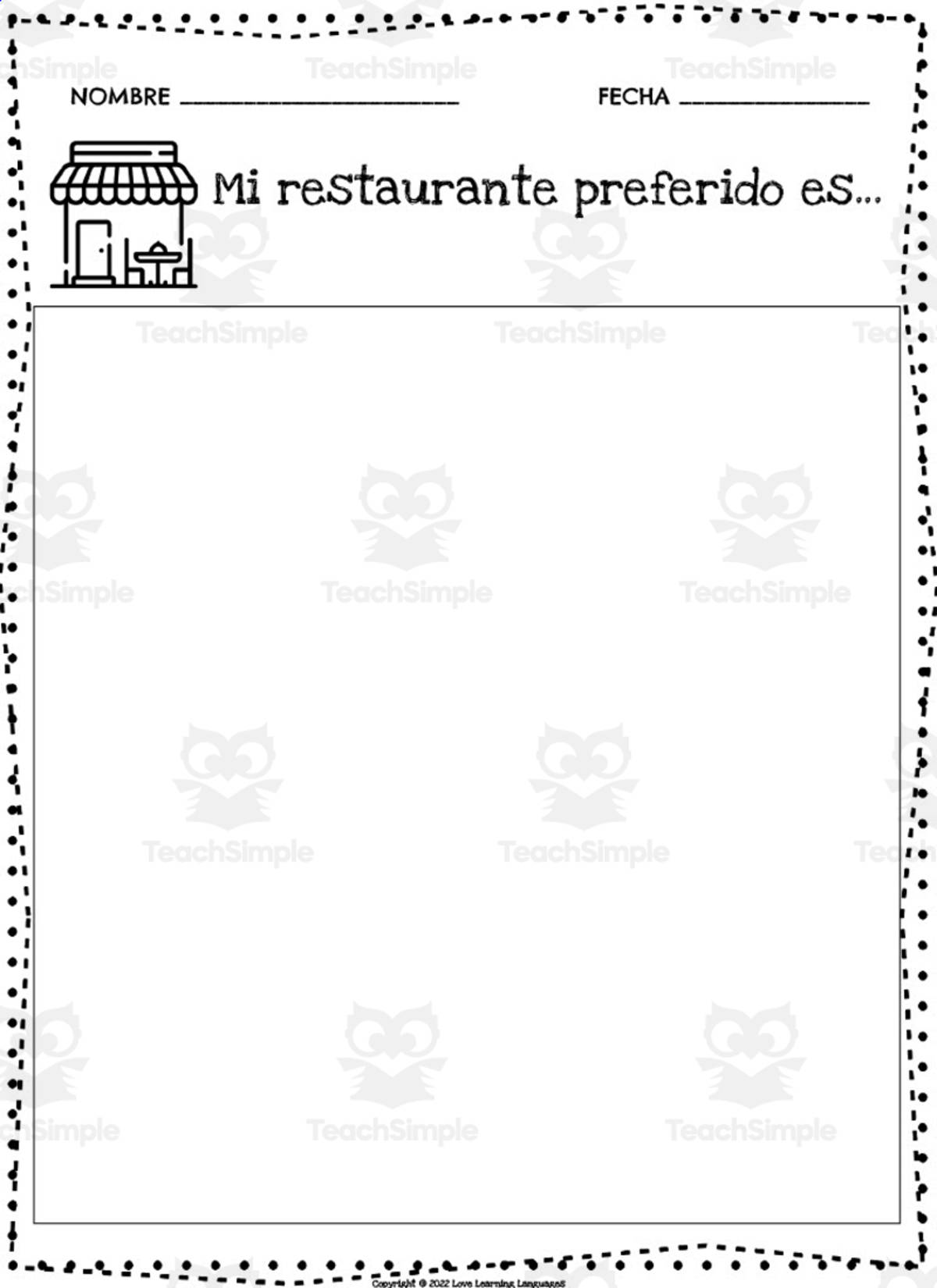 An educational teaching resource from Love Learning Languages entitled Spanish: Primary Writing Program | "My favorite restaurant is..." - Escritura Primaria en español. downloadable at Teach Simple.