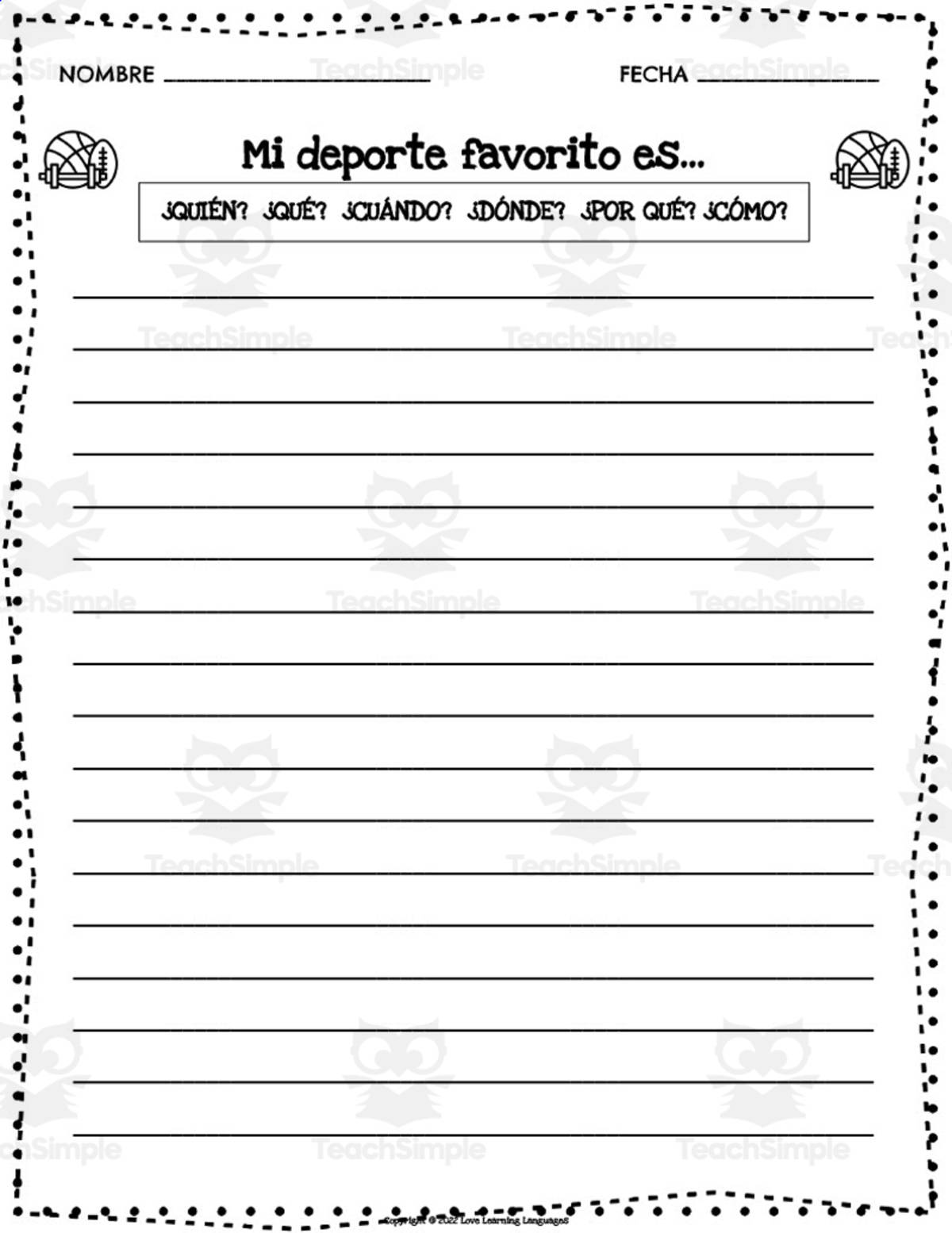 An educational teaching resource from Love Learning Languages entitled Spanish: Primary Writing Program | "My favorite sport is..." - Escritura Primaria en español. downloadable at Teach Simple.