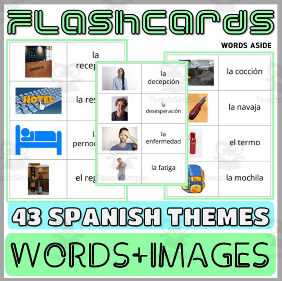 An educational teaching resource from WORDS ASIDE entitled Spanish Puzzles Flash Card Themes downloadable at Teach Simple.