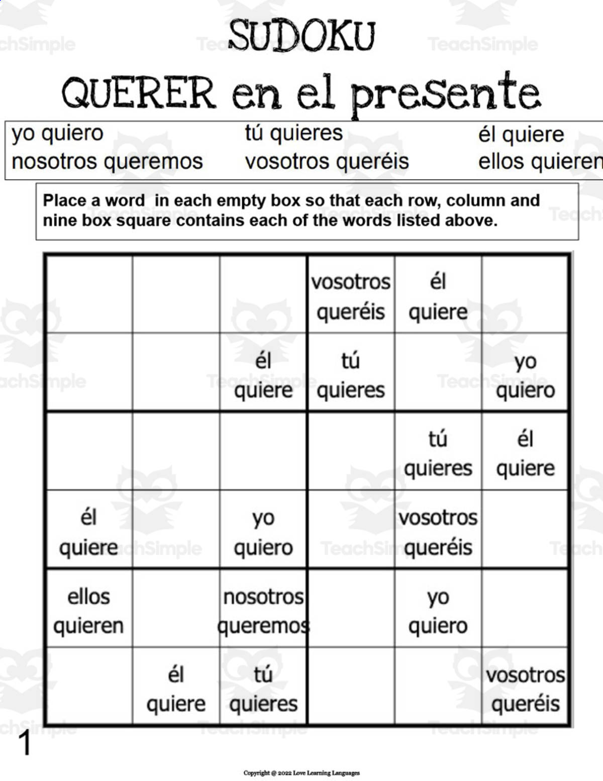 An educational teaching resource from Love Learning Languages entitled Spanish: QUERER Present Tense Sudoku downloadable at Teach Simple.