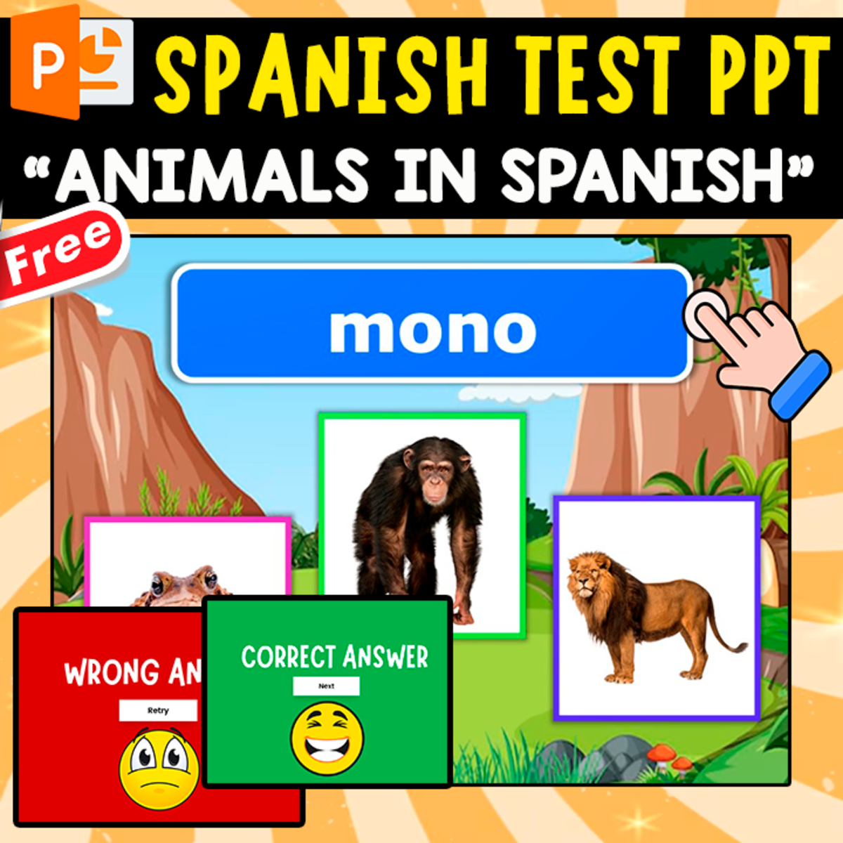 An educational teaching resource from EDITORIAL LAURA EDUCA entitled SPANISH QUIZ PPT GAME | LOS ANIMALES EN ESPAÑOL downloadable at Teach Simple.