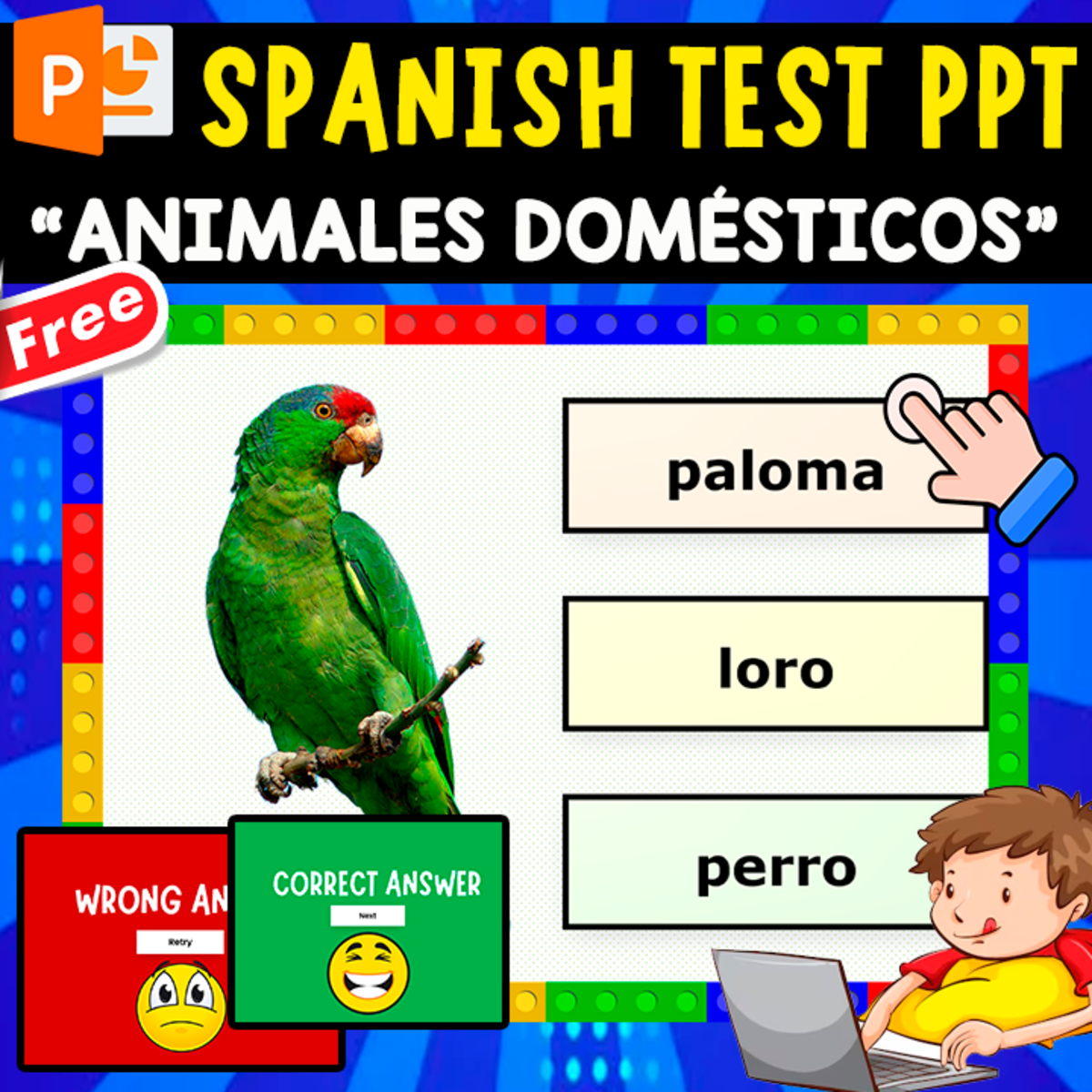 An educational teaching resource from EDITORIAL LAURA EDUCA entitled SPANISH QUIZ PPT | LOS ANIMALES DOMÉSTICOS | VOCABULARY downloadable at Teach Simple.
