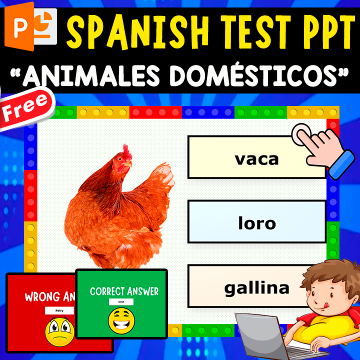 An educational teaching resource from EDITORIAL LAURA EDUCA entitled SPANISH QUIZ PPT | LOS ANIMALES DOMÉSTICOS downloadable at Teach Simple.