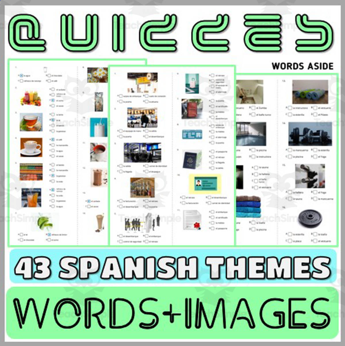 An educational teaching resource from WORDS ASIDE entitled Spanish Quizzes Puzzles Flash Card Themes downloadable at Teach Simple.